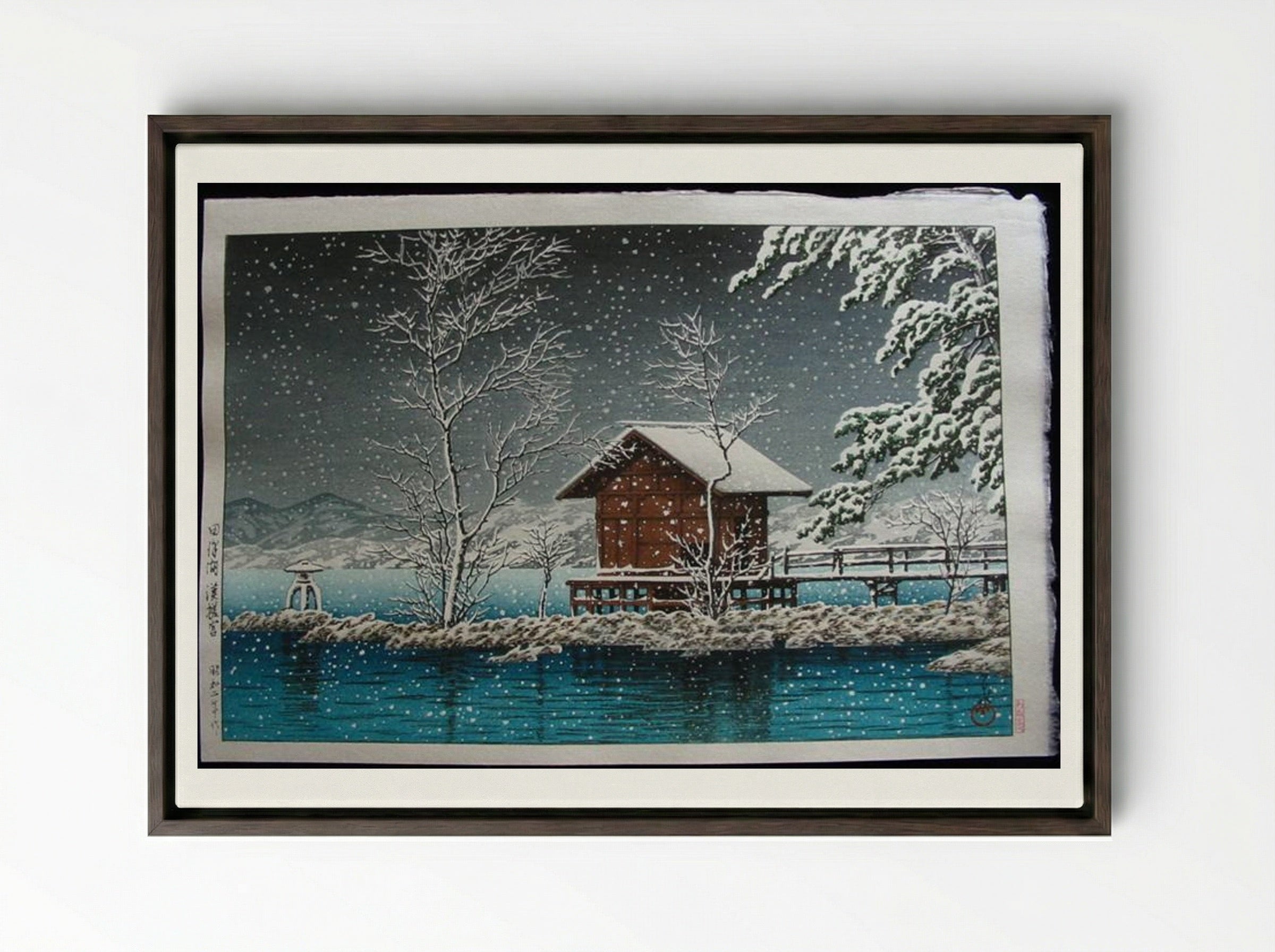 Kansau Shrine in Snow at Lake Tazawa - Hasui Kawase - Framed Canvas Dark Wood