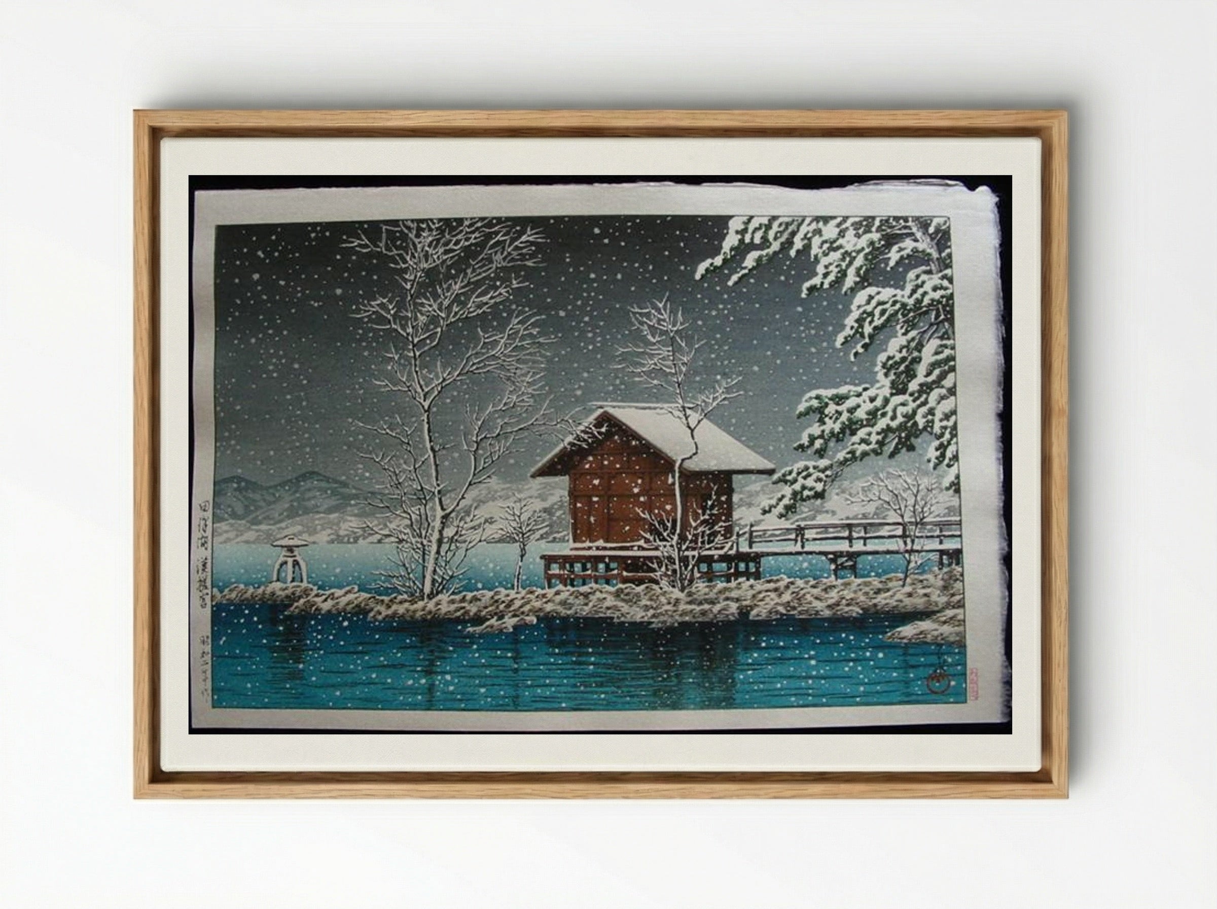 Kansau Shrine in Snow at Lake Tazawa - Hasui Kawase - Framed Canvas Wood