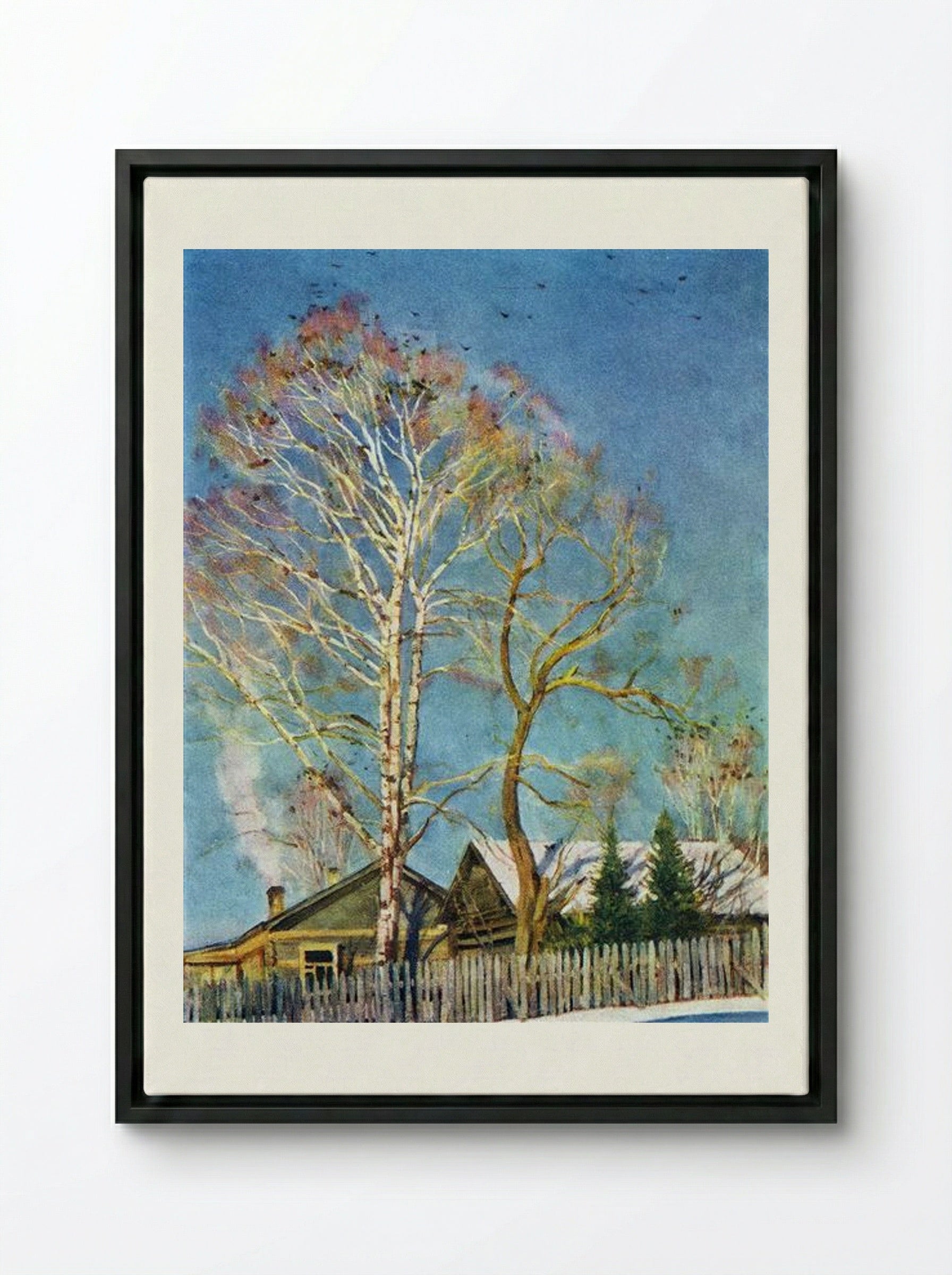 Blue Morning. Rooks on the Birches. Ligachevo - Konstantin Yuon - Framed Canvas Black