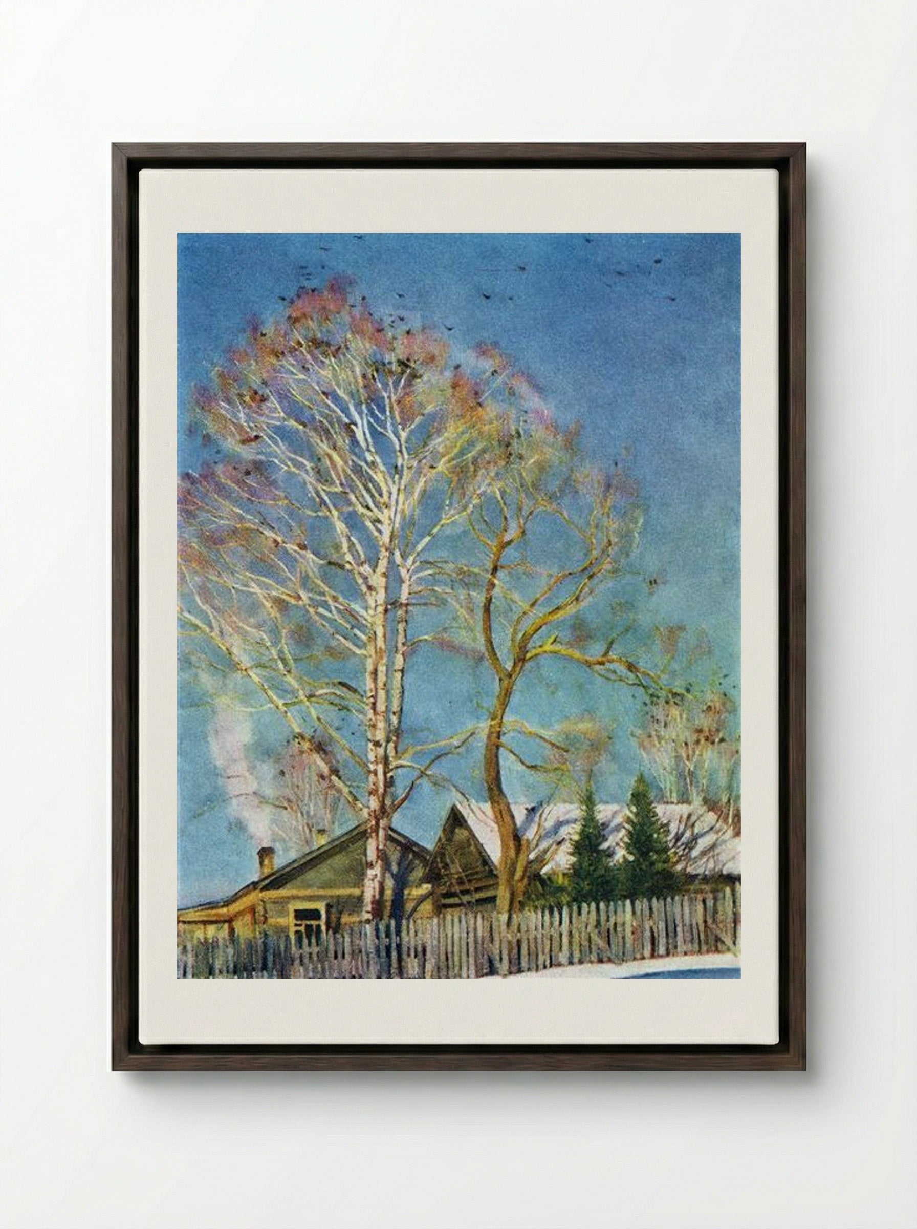 Blue Morning. Rooks on the Birches. Ligachevo - Konstantin Yuon - Framed Canvas Dark Wood