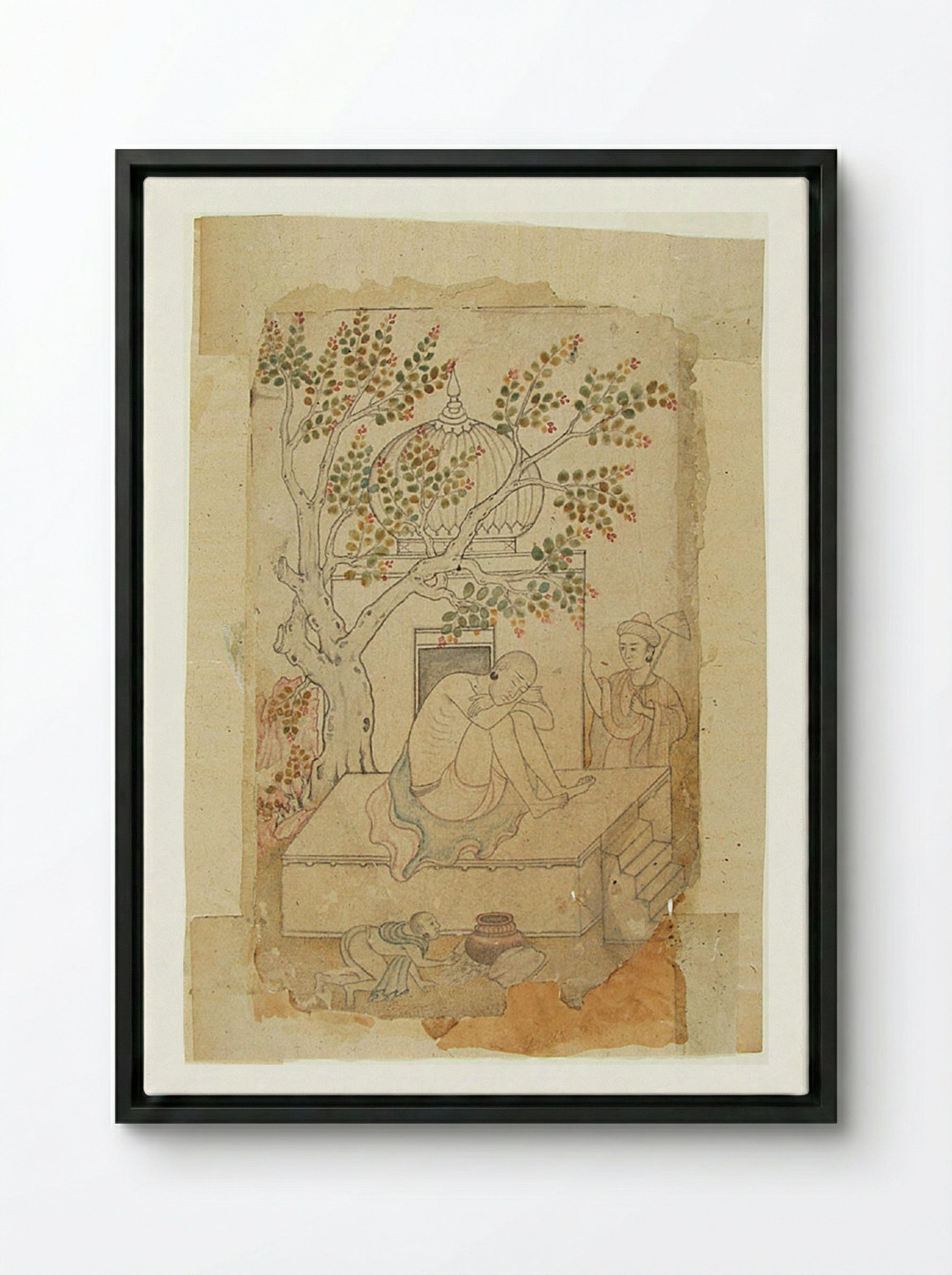 A Holy Man Meditates (Shrine with Sleeping Ascetic) - Daswanth - Framed Canvas Black