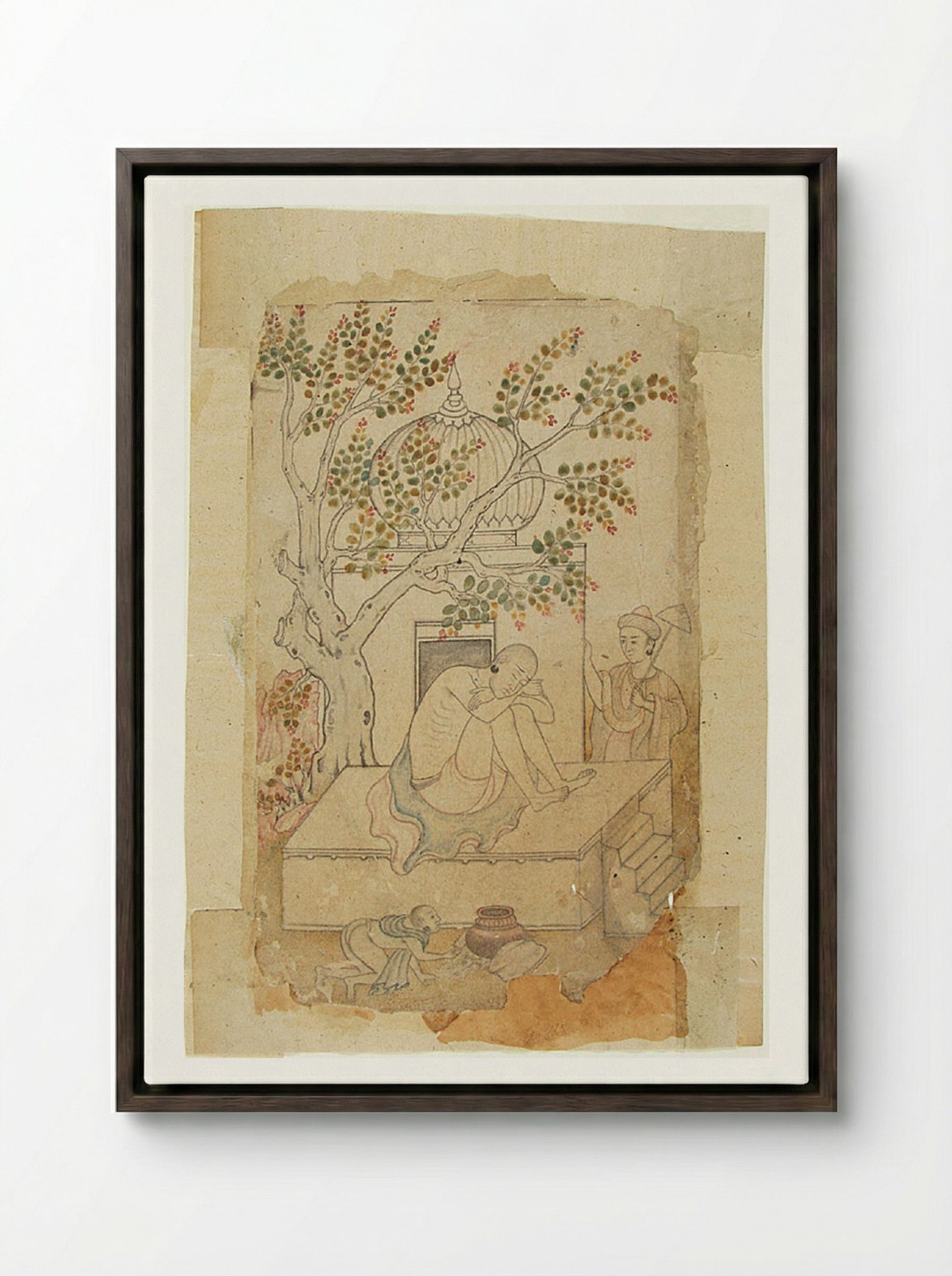 A Holy Man Meditates (Shrine with Sleeping Ascetic) - Daswanth - Framed Canvas Dark Wood