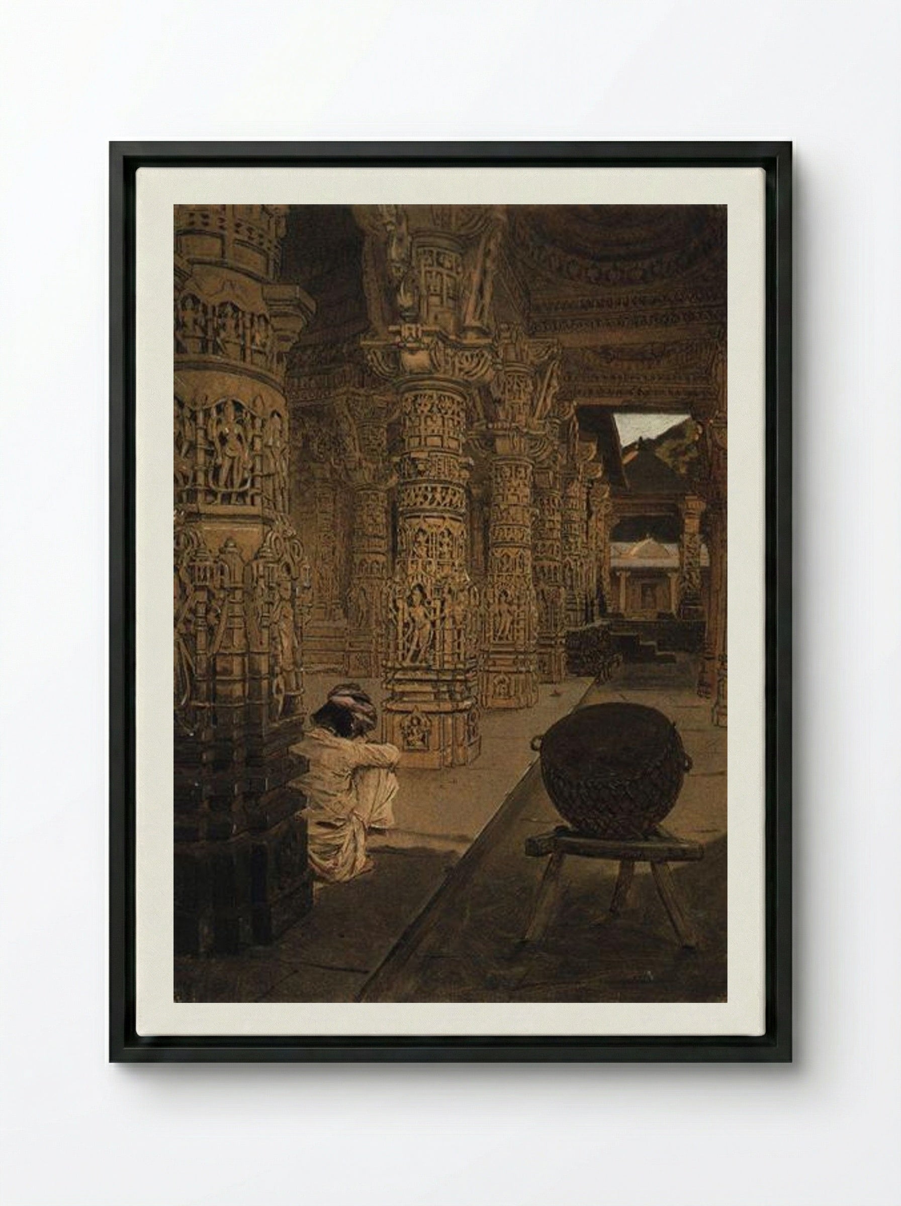 The Colonnade in the Jain Temple at Mount Abu in the Evening - Vasily Vereshchagin - Framed Canvas Black