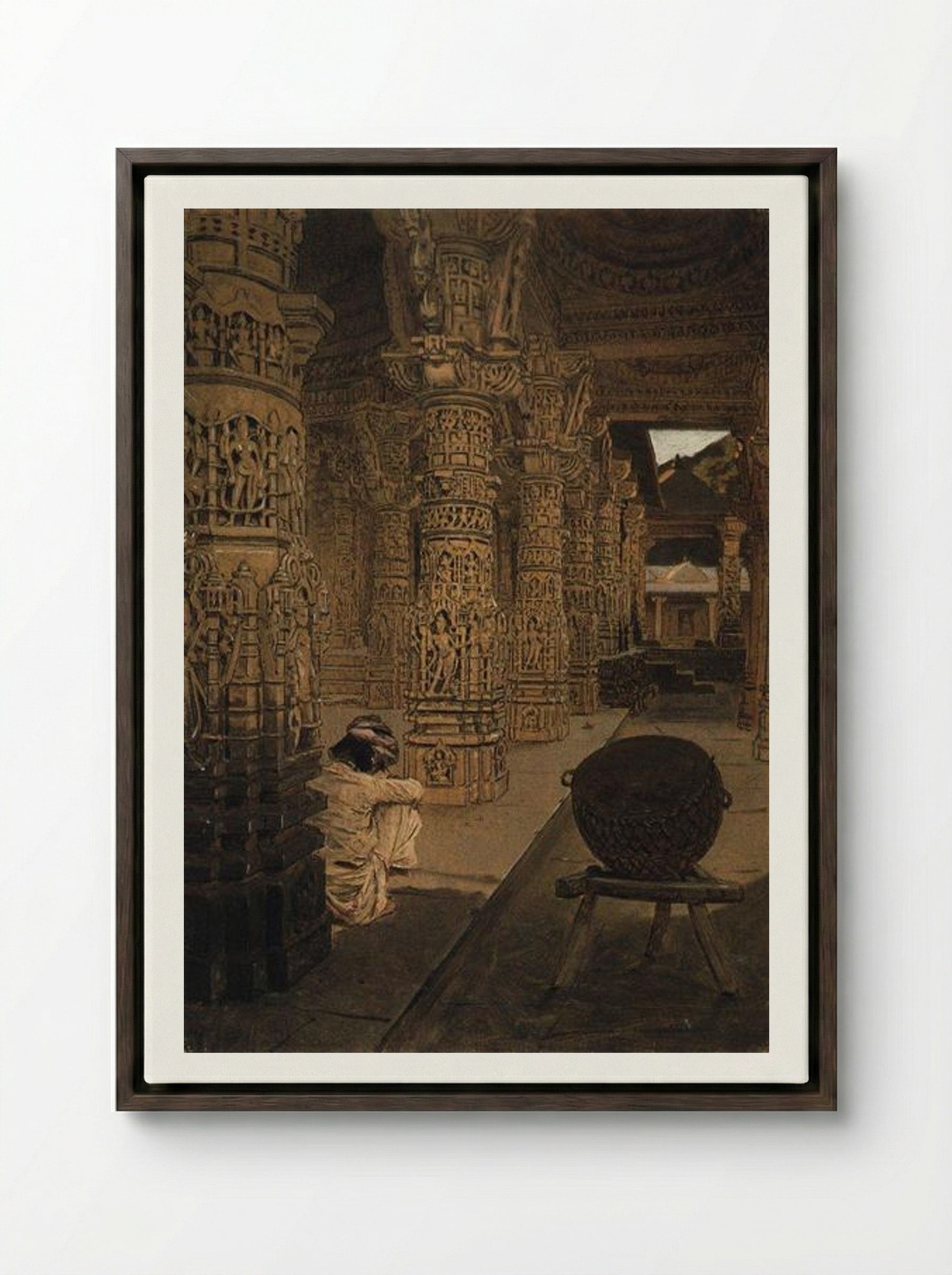 The Colonnade in the Jain Temple at Mount Abu in the Evening - Vasily Vereshchagin - Framed Canvas Dark Wood