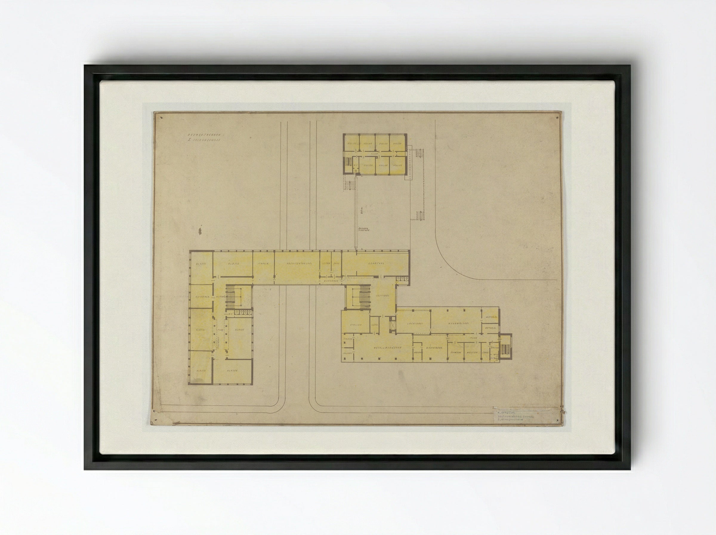 Bauhaus Building, Dessau: Second Floor Plan - Walter Gropius - Framed Canvas Black