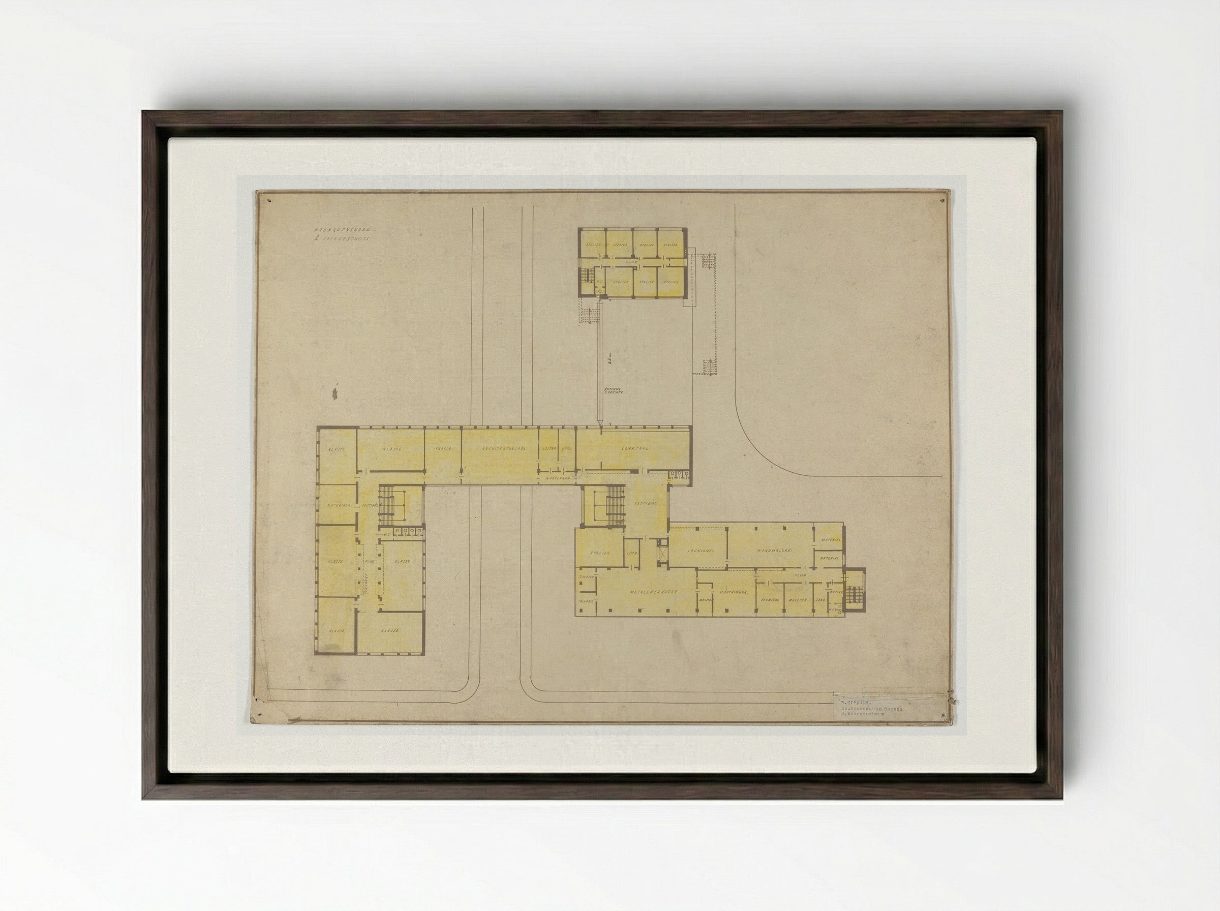Bauhaus Building, Dessau: Second Floor Plan - Walter Gropius - Framed Canvas Dark Wood