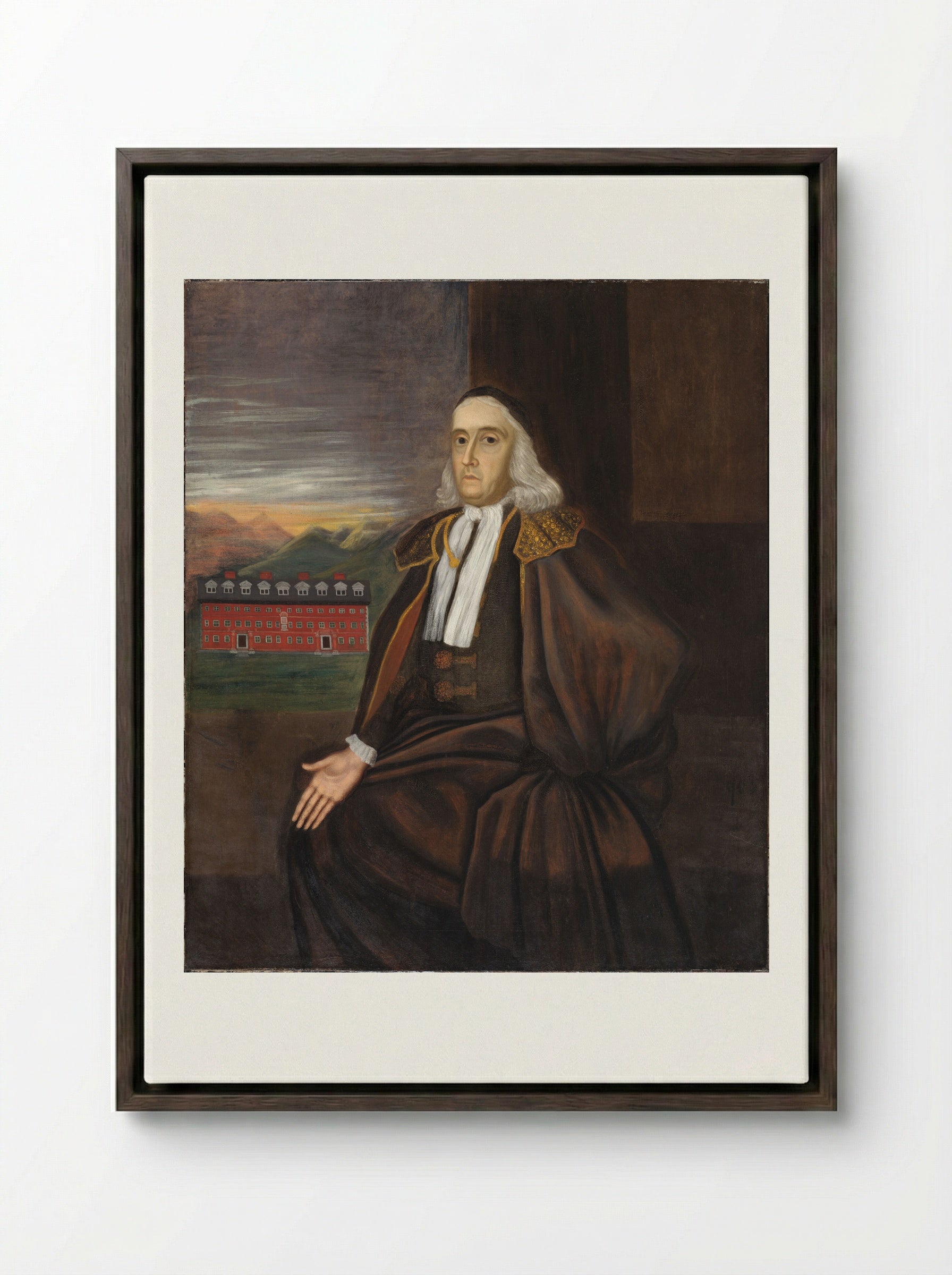 Portrait of William Stoughton - Unidentified Artist - Framed Canvas Dark Wood