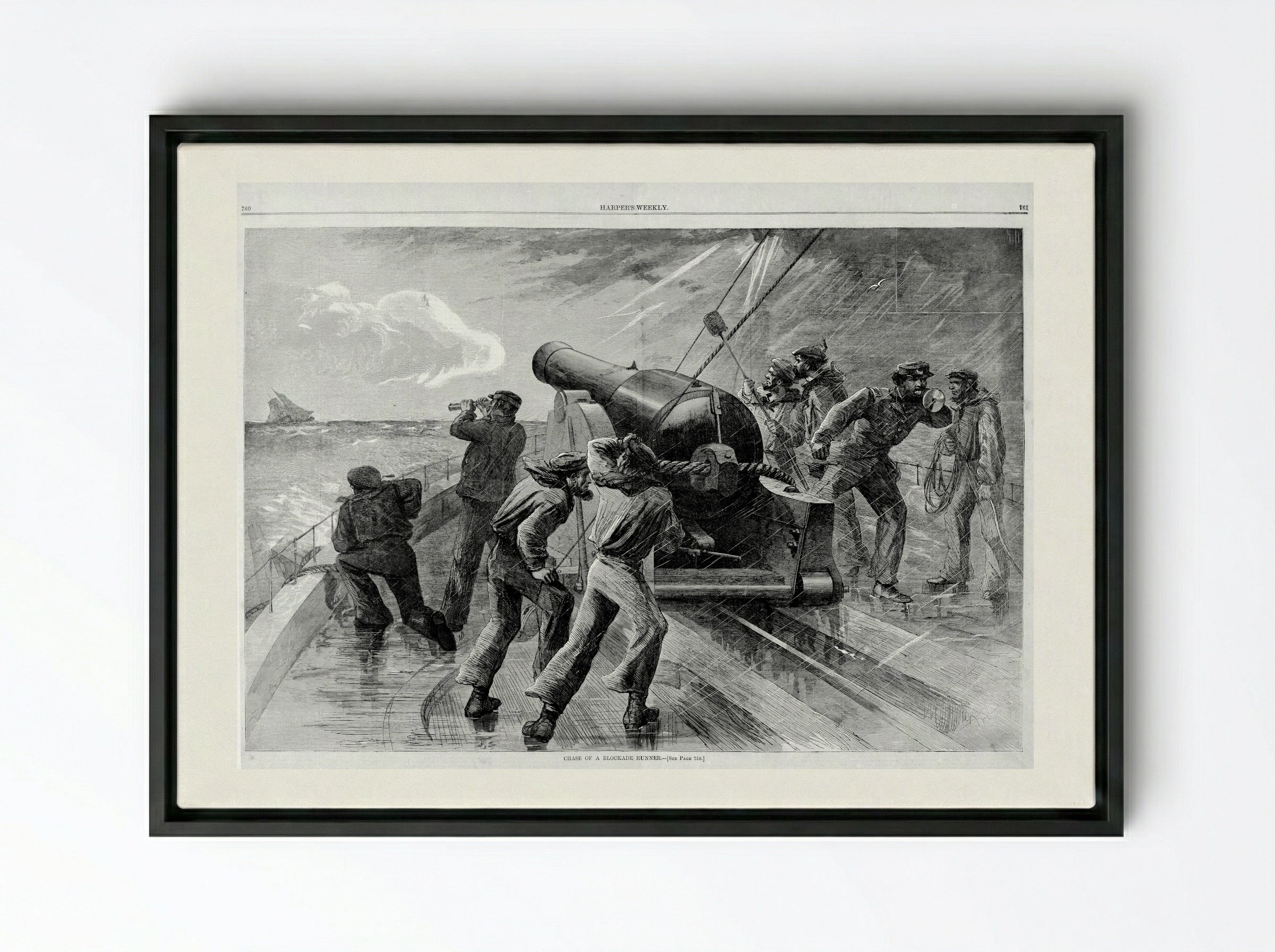 Chase of a Blockade Runner - Fine Art Print - Framed Canvas Black