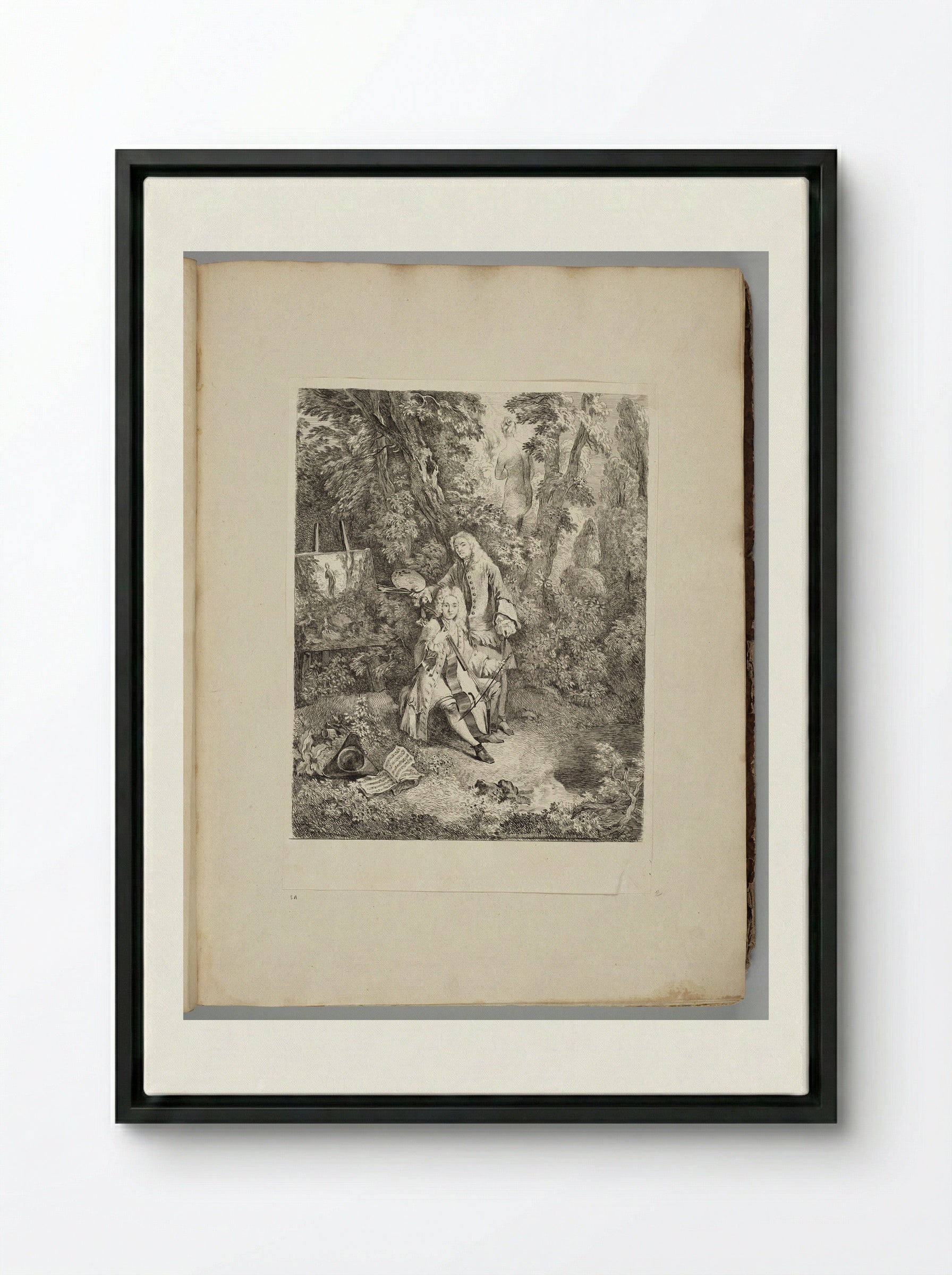 Watteau at His Easel, Jullienne Playing the Cello, in a Shady Grove - Fine Art Print - Framed Canvas Black