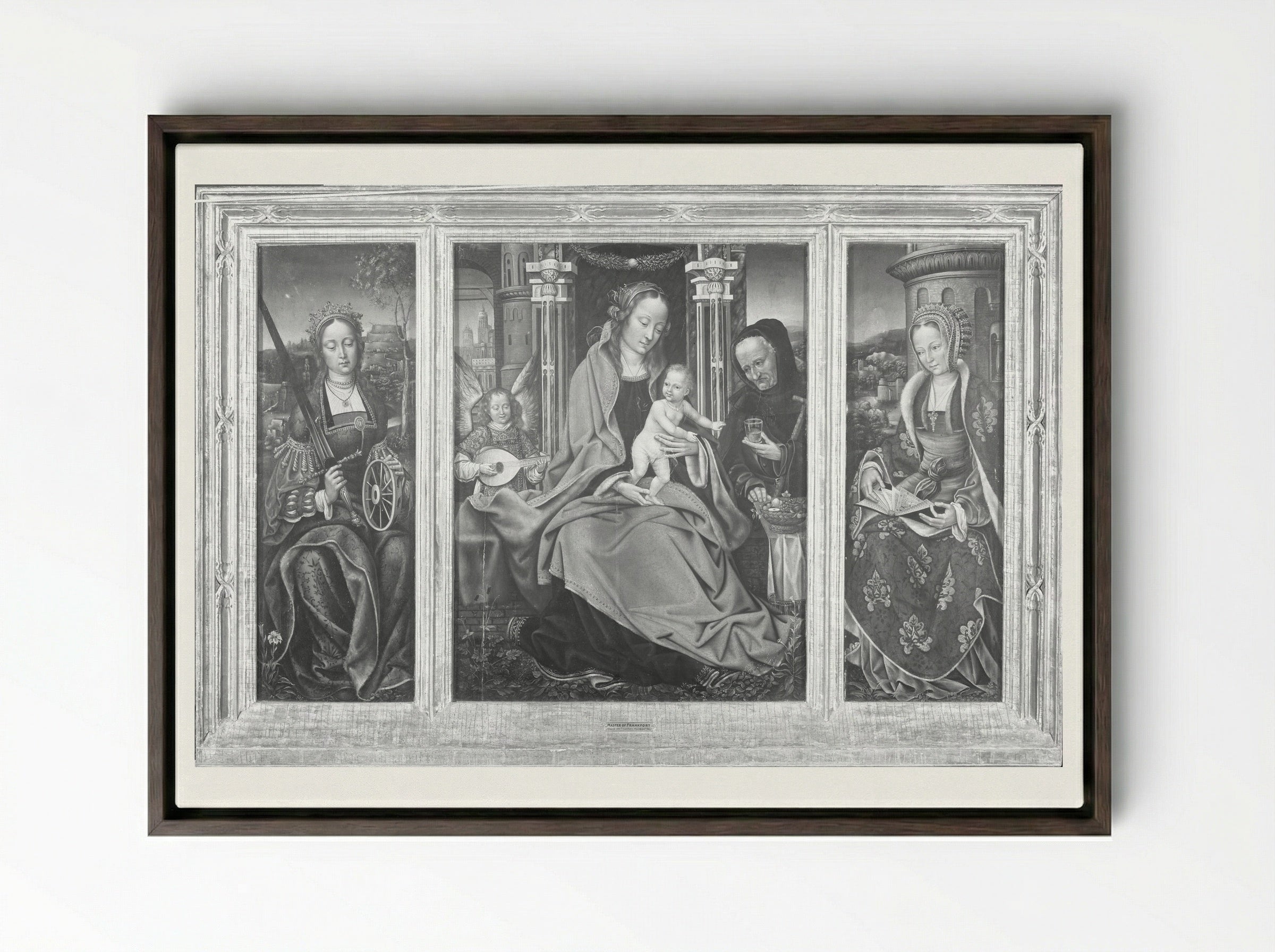 Triptych with the Virgin and Child, Saint Barbara, and Saint Catherine - Master of Frankfurt - Framed Canvas Dark Wood