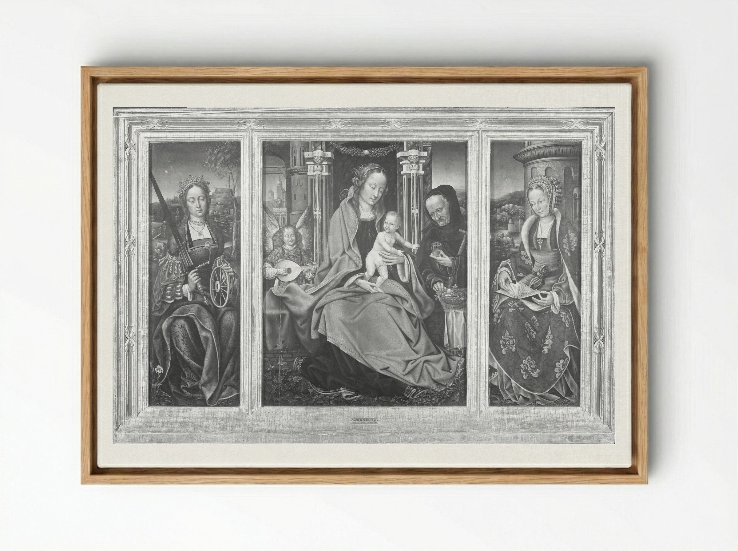 Triptych with the Virgin and Child, Saint Barbara, and Saint Catherine - Master of Frankfurt - Framed Canvas Wood