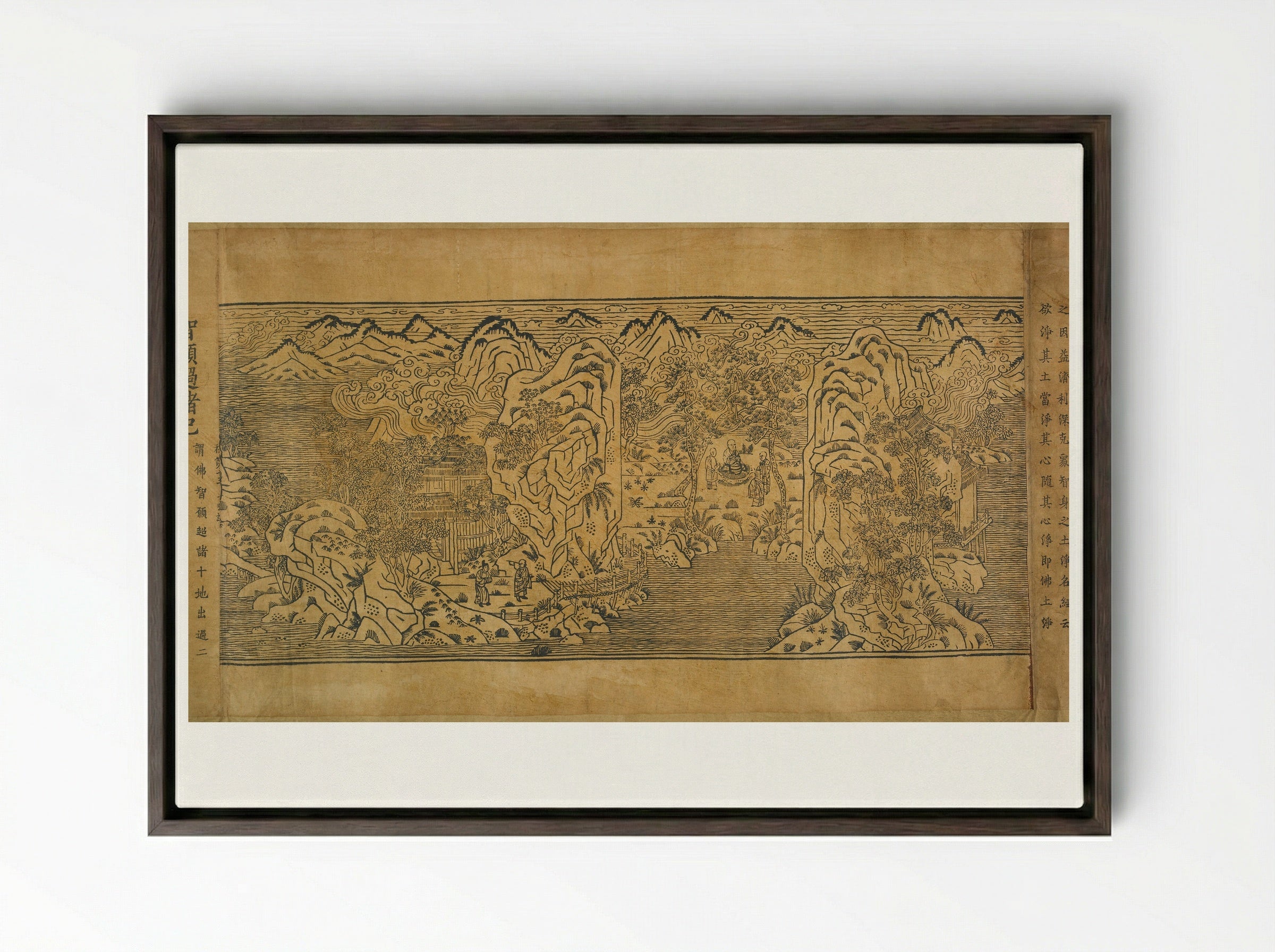 Landscape Illustrations and Leaves 6 through 10 from Chapter Thirteen of the Imperial Commentary on the Buddhist Canon (Tripitaka) - Unknown Artist - Framed Canvas Dark Wood