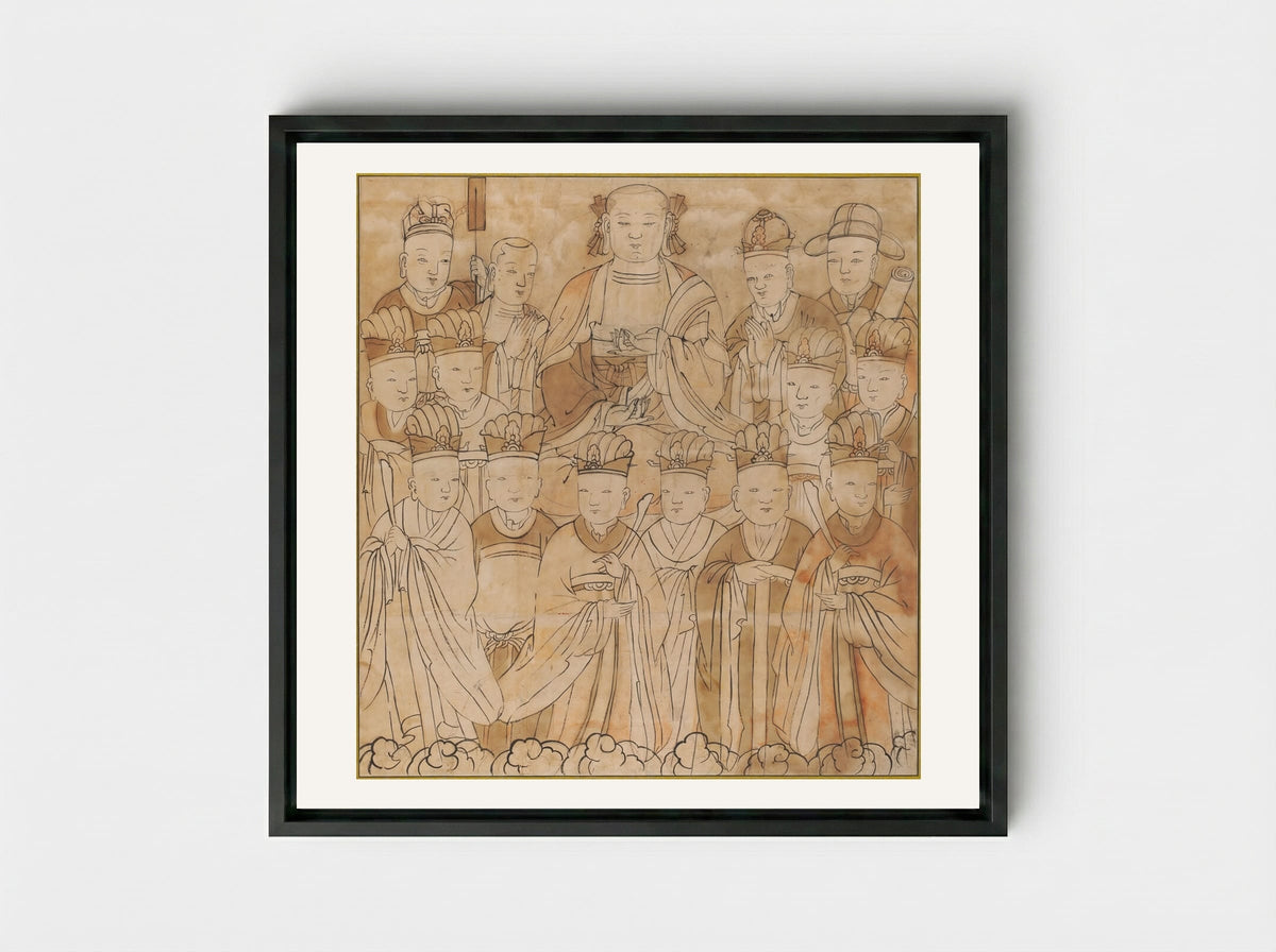 Seated Chijang Posal Flanked by the Ten Kings of Hell, Monk Tomyŏng, and Three Officials - Unknown Artist - Framed Canvas Black