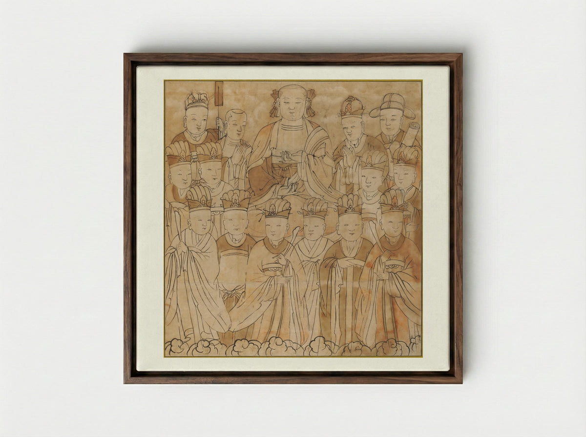Seated Chijang Posal Flanked by the Ten Kings of Hell, Monk Tomyŏng, and Three Officials - Unknown Artist - Framed Canvas Dark Wood