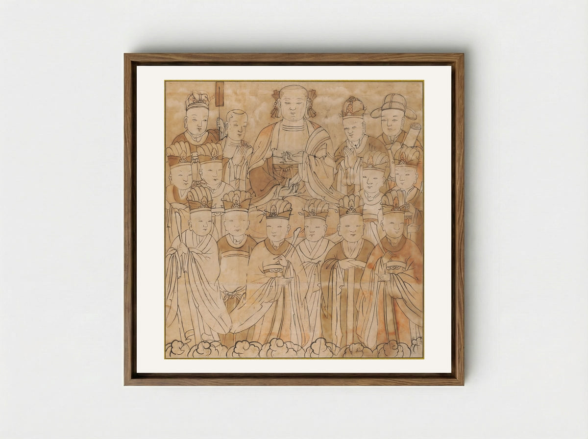 Seated Chijang Posal Flanked by the Ten Kings of Hell, Monk Tomyŏng, and Three Officials - Unknown Artist - Framed Canvas Wood