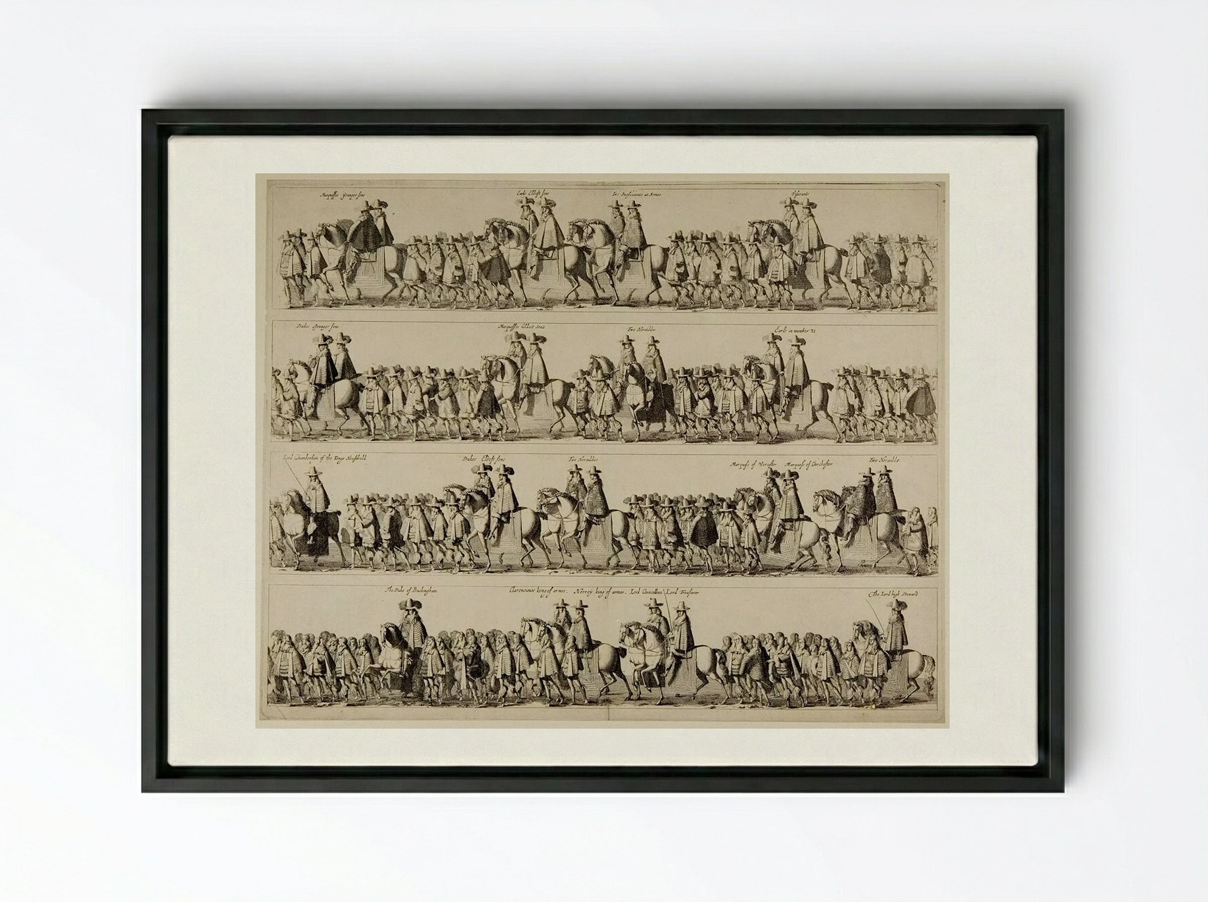 Coronation Procession of Charles II through London - Fine Art Print - Framed Canvas Black