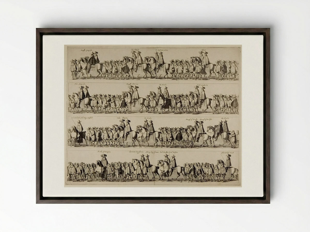 Coronation Procession of Charles II through London - Fine Art Print - Framed Canvas Dark Wood