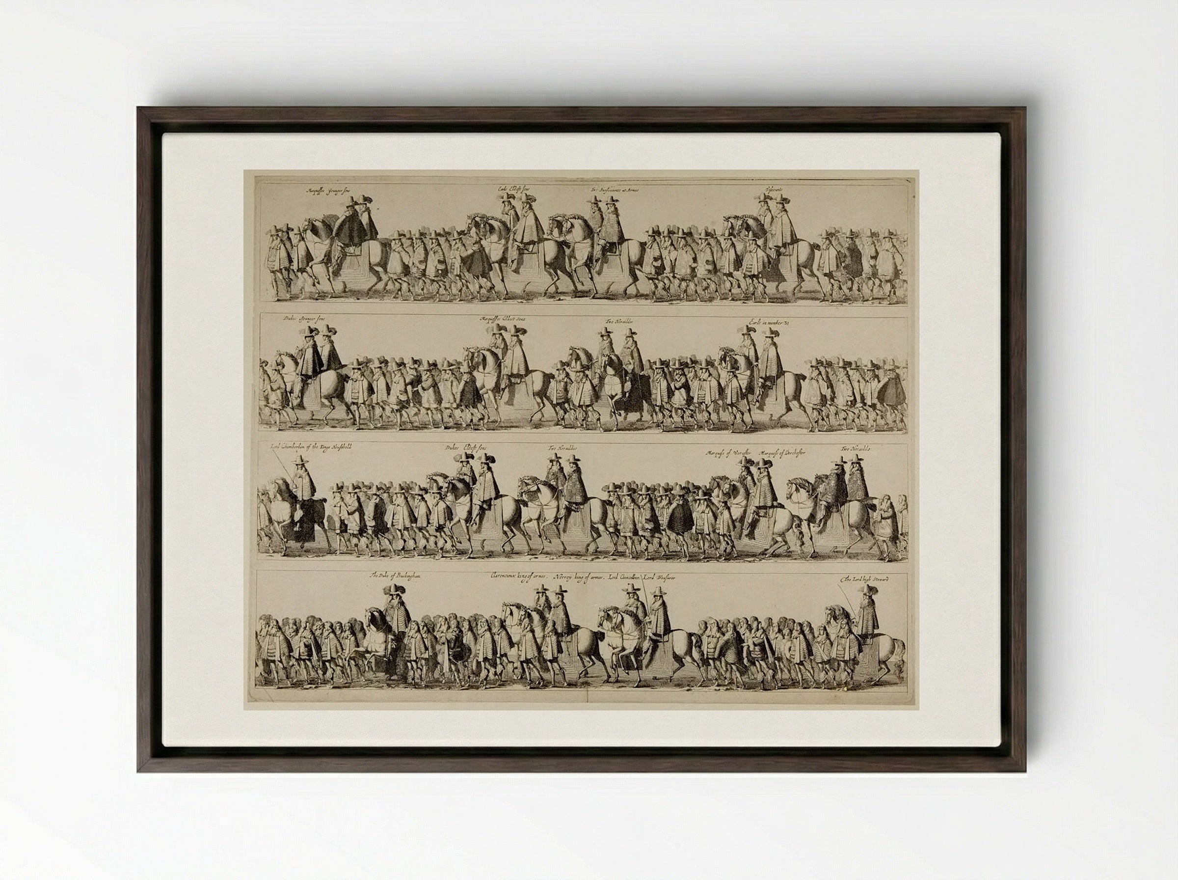 Coronation Procession of Charles II through London - Fine Art Print - Framed Canvas Dark Wood