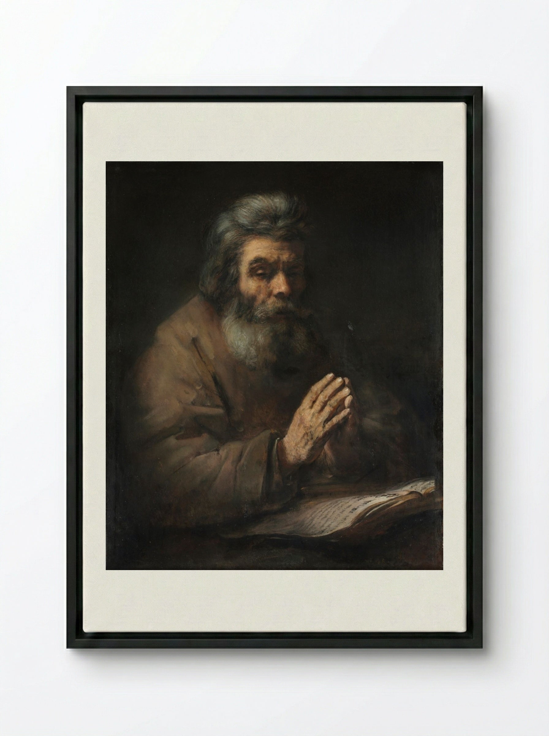 An Elderly Man in Prayer - Rembrandt van Rijn - Framed Canvas Black