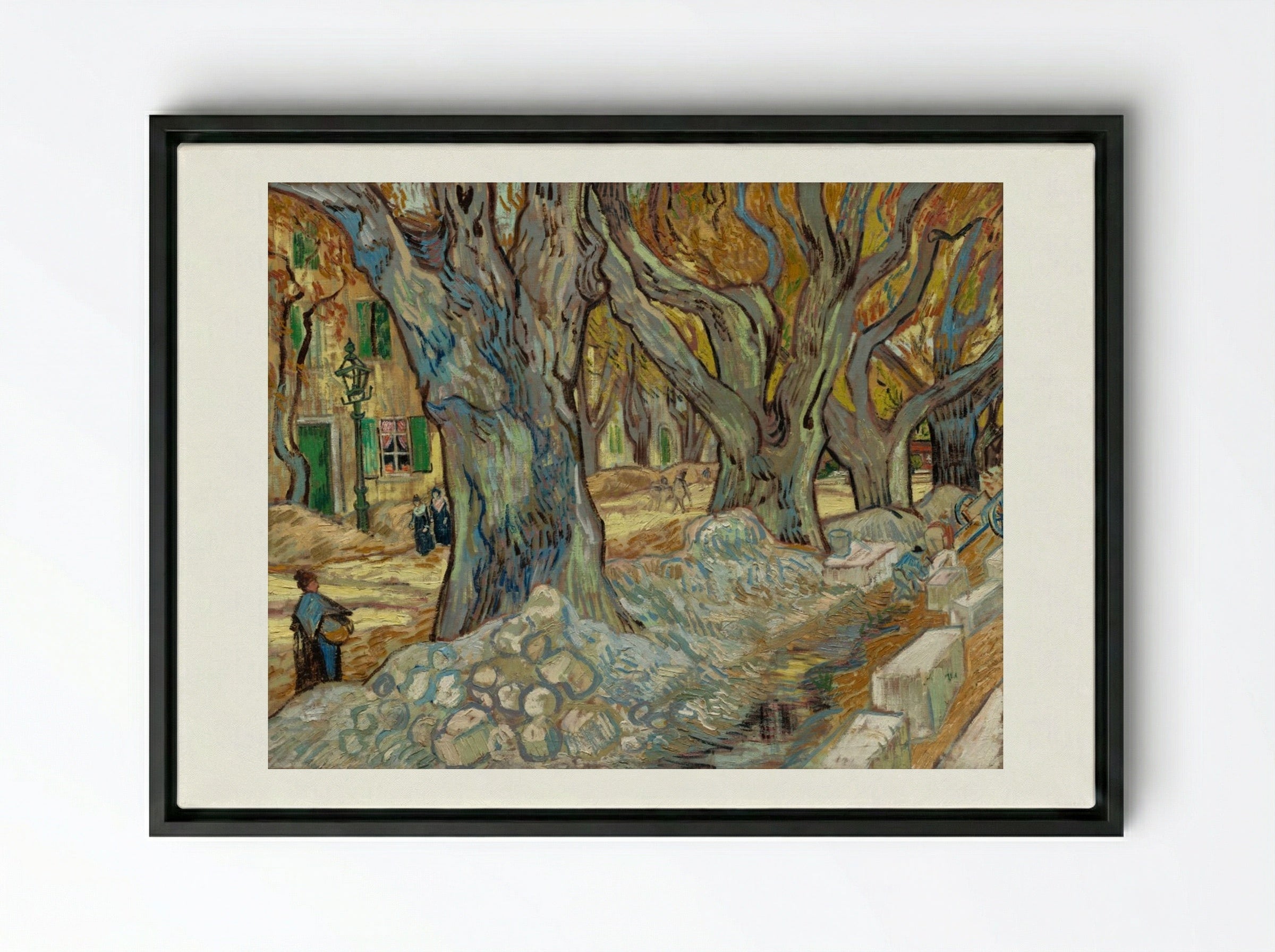 The Large Plane Trees (Road Menders at Saint-Rémy) - Vincent van Gogh - Framed Canvas Black