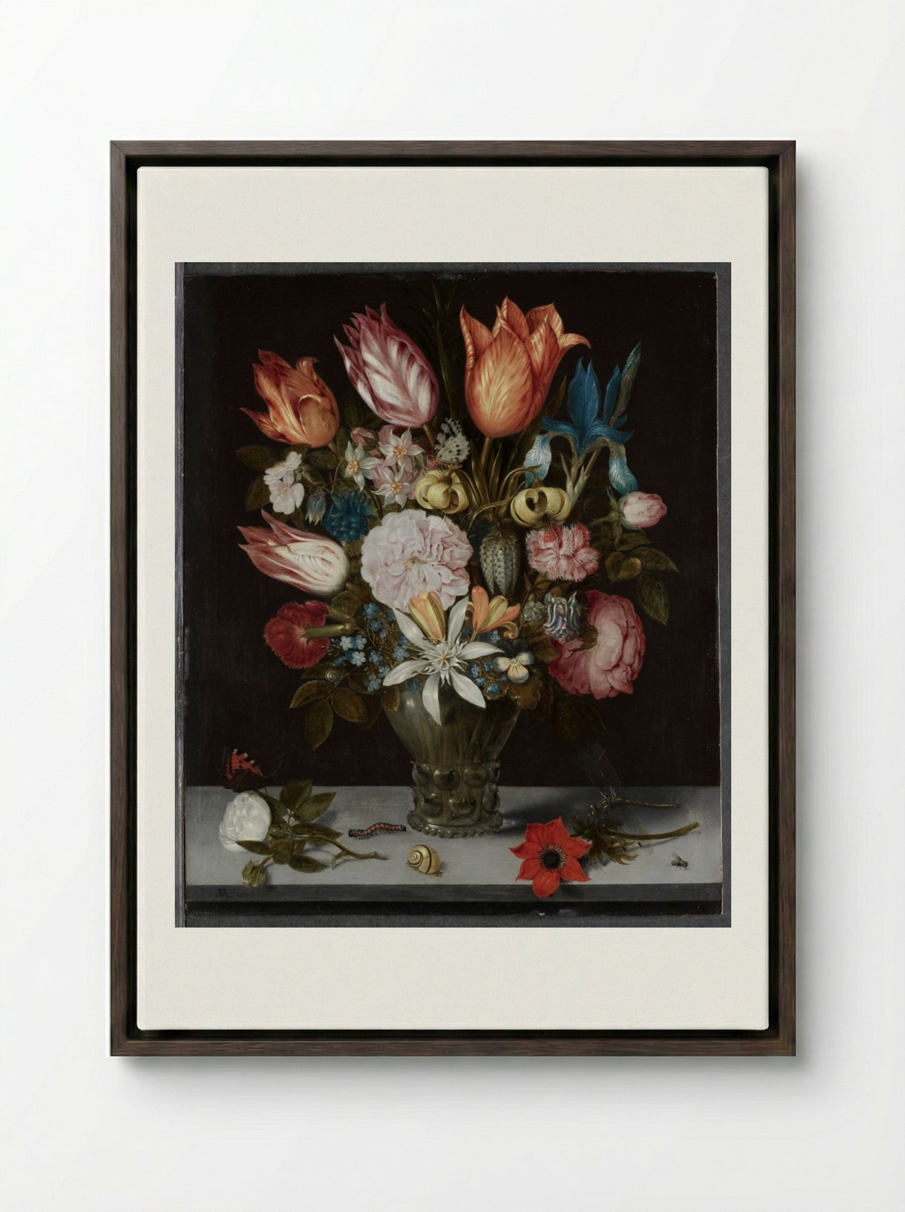 Flowers in a Glass - Ambrosius Bosschaert - Framed Canvas Dark Wood
