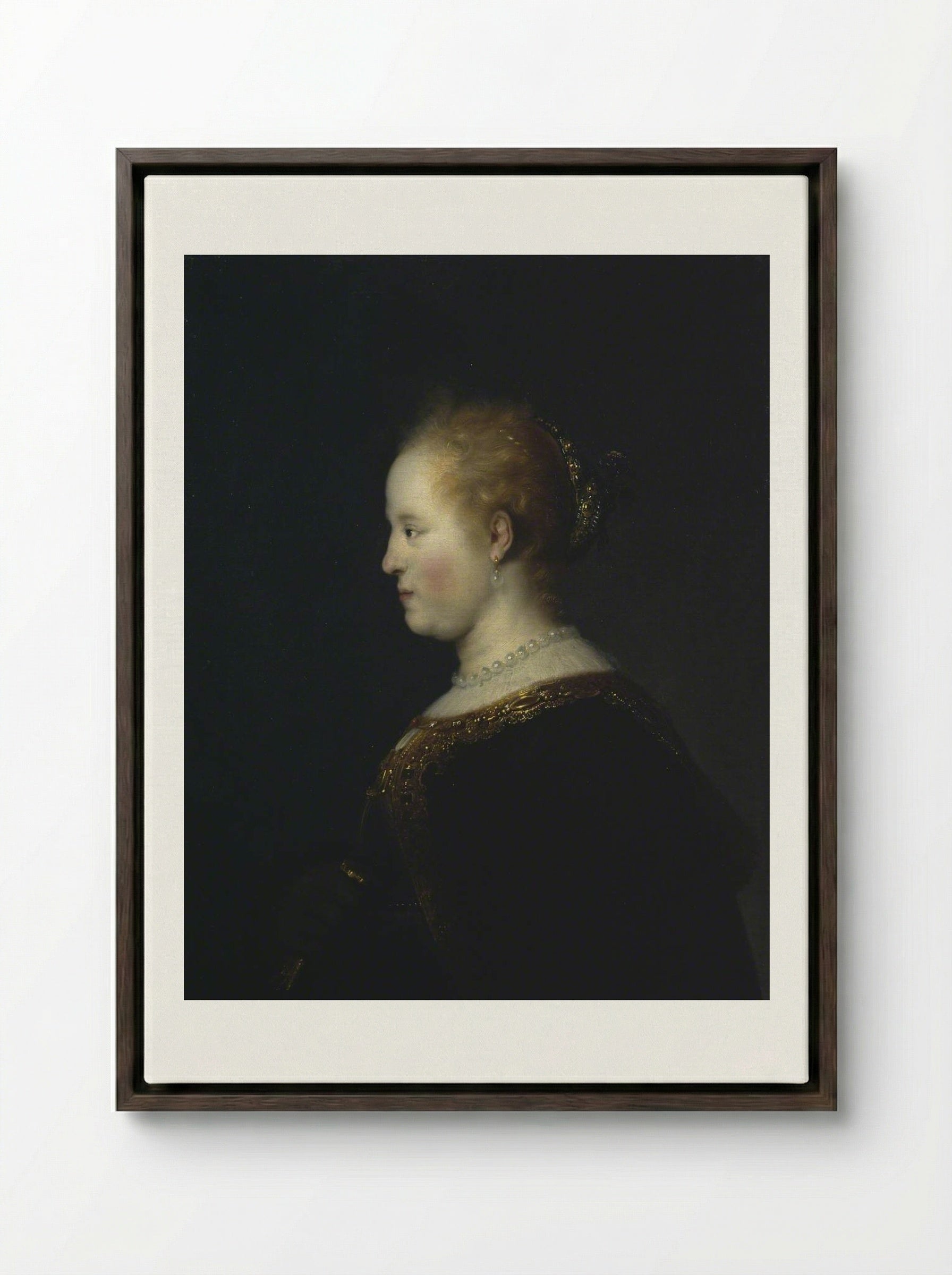 Portrait of a Woman - Rembrandt van Rijn - Framed Canvas Dark Wood