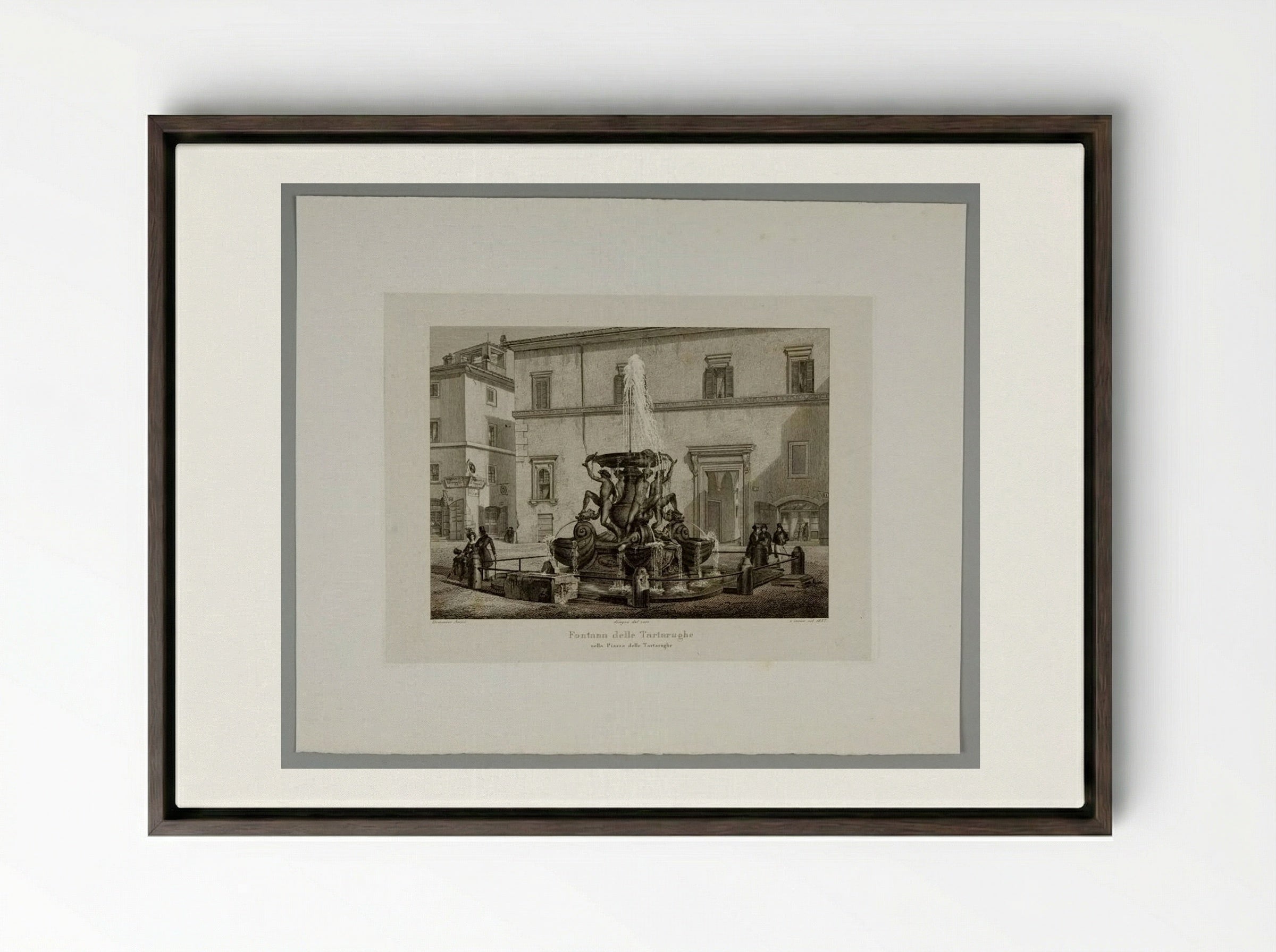 Fountain of the Tortoises in the Piazza of the Tortoises - Domenico Amici - Framed Canvas Dark Wood