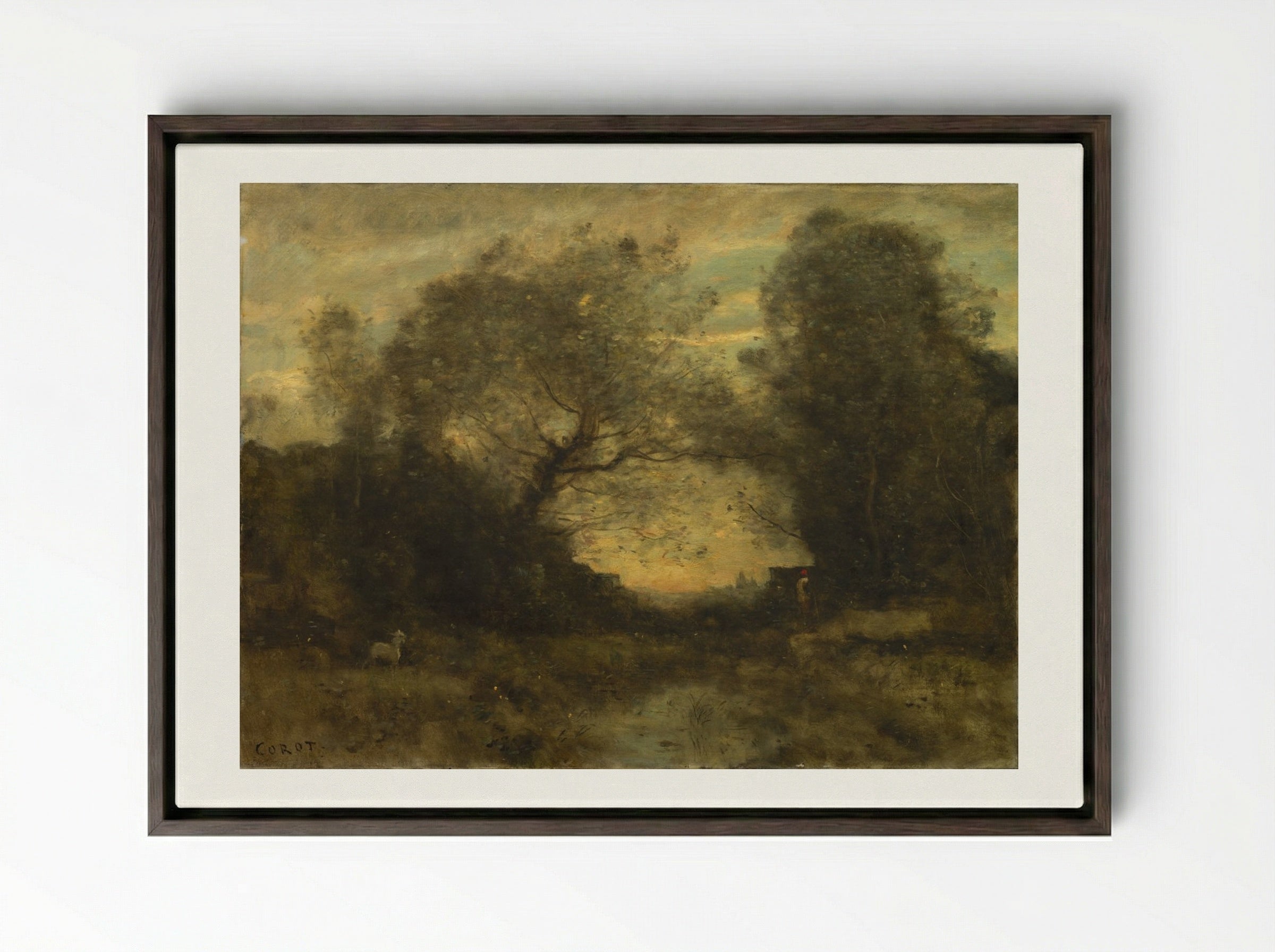 The Pond at the Entrance of the Woods - Jean-Baptiste-Camille Corot - Framed Canvas Dark Wood
