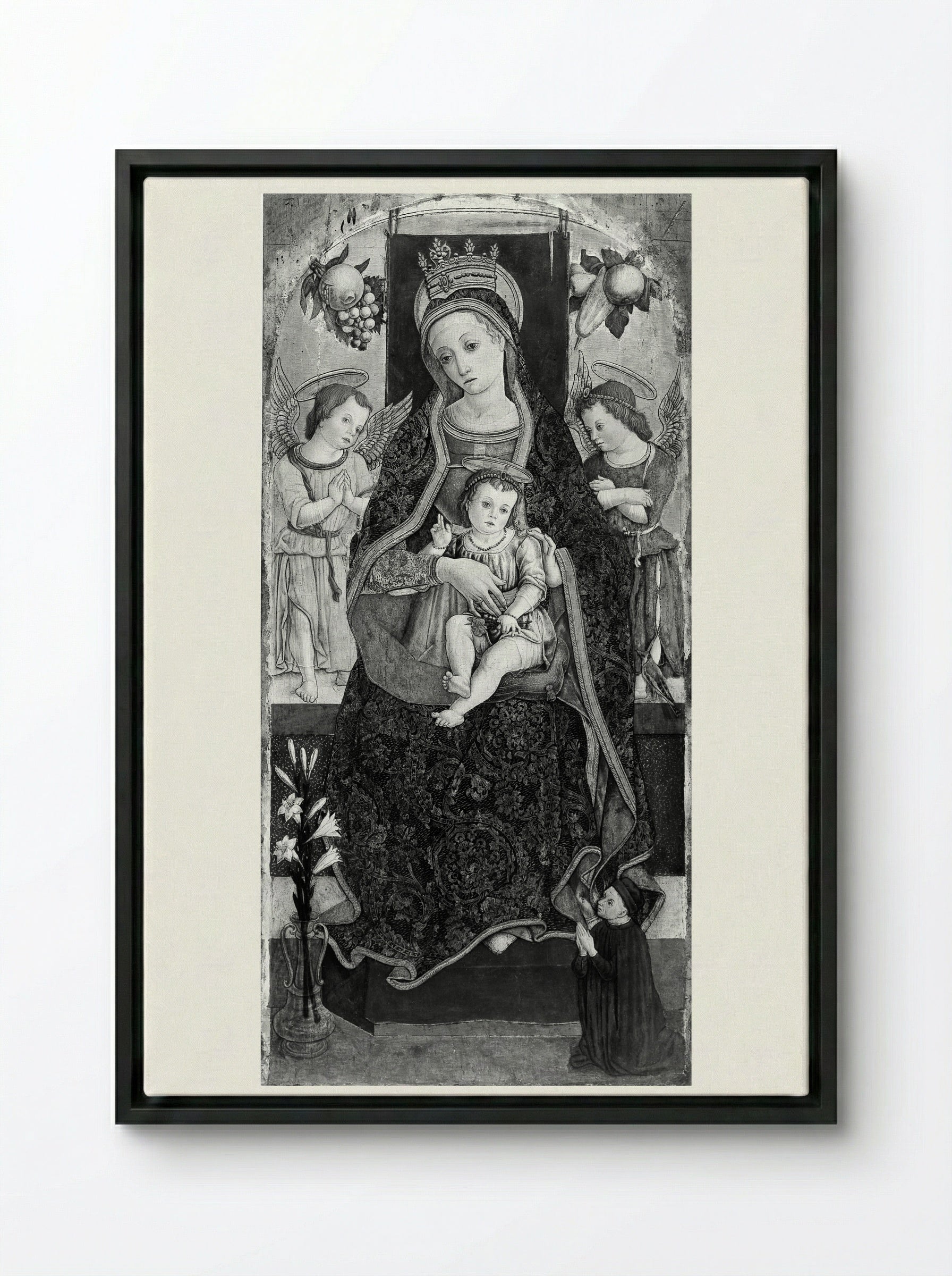 Madonna and Child Enthroned with Two Angels and a Donor - Vittore Crivelli - Framed Canvas Black