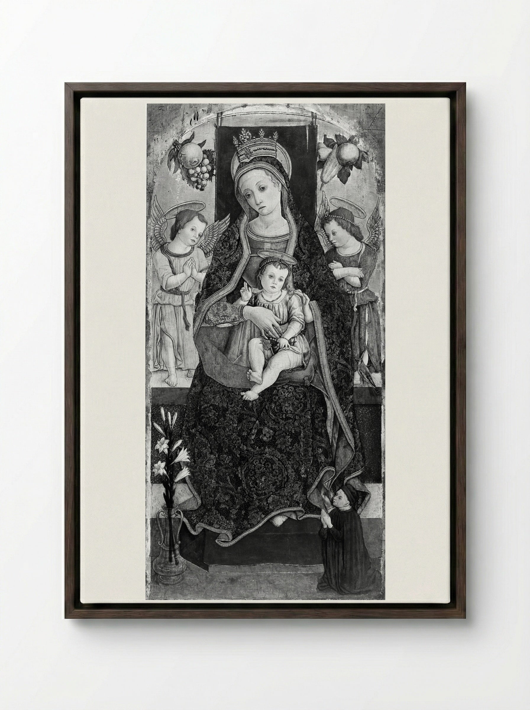 Madonna and Child Enthroned with Two Angels and a Donor - Vittore Crivelli - Framed Canvas Dark Wood