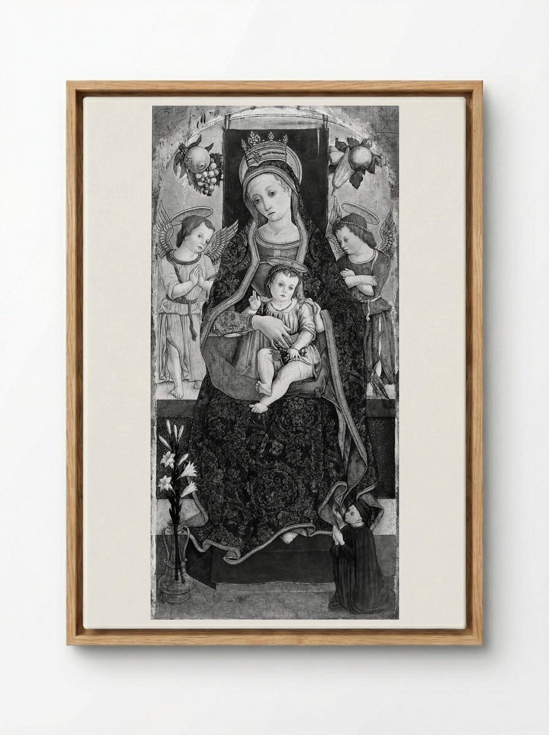 Madonna and Child Enthroned with Two Angels and a Donor - Vittore Crivelli - Framed Canvas Wood