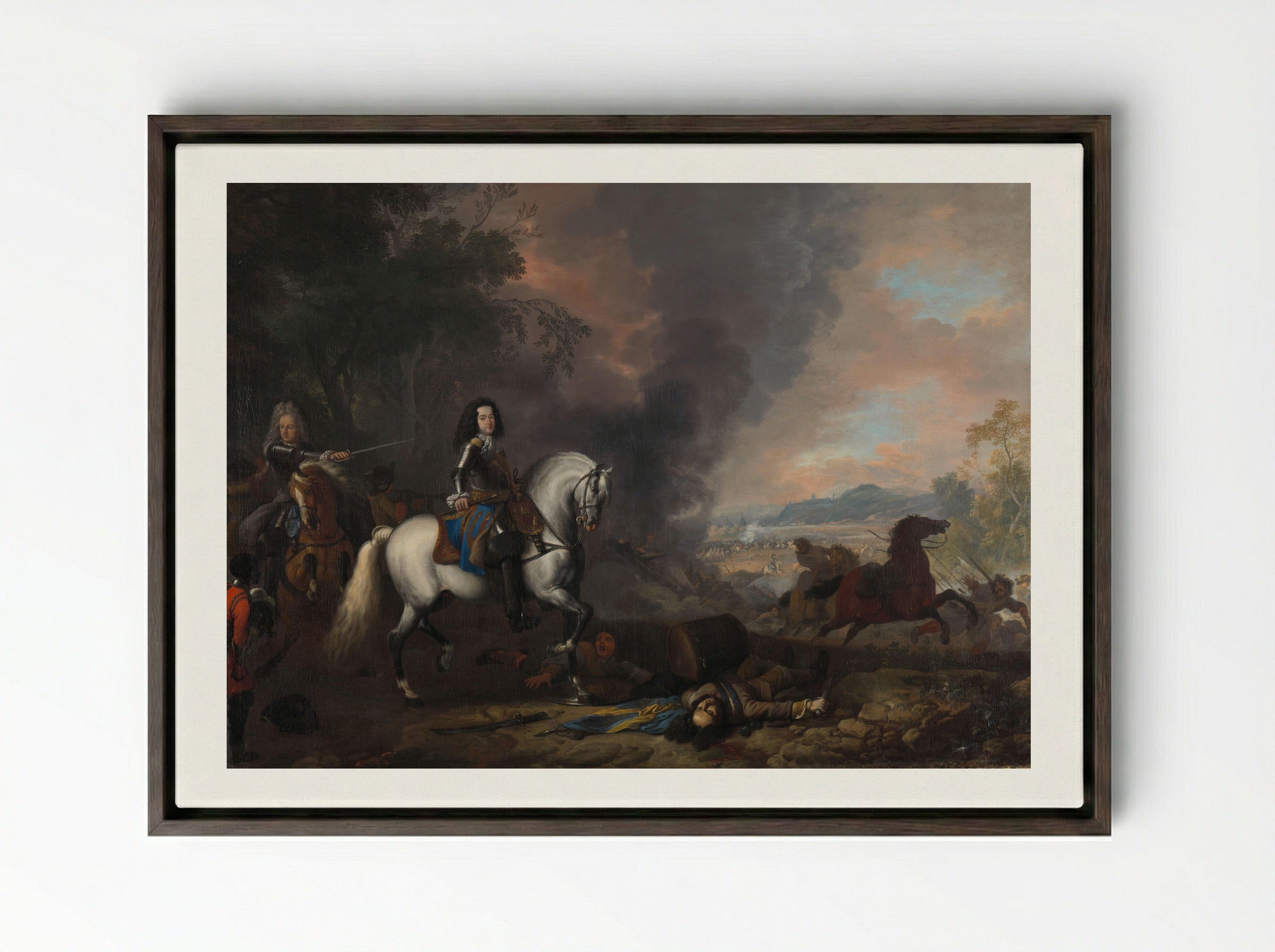 Hendrik Casimir II, Prince of Nassau-Dietz, at a Battle - Jan van Huchtenburg - Framed Canvas Dark Wood