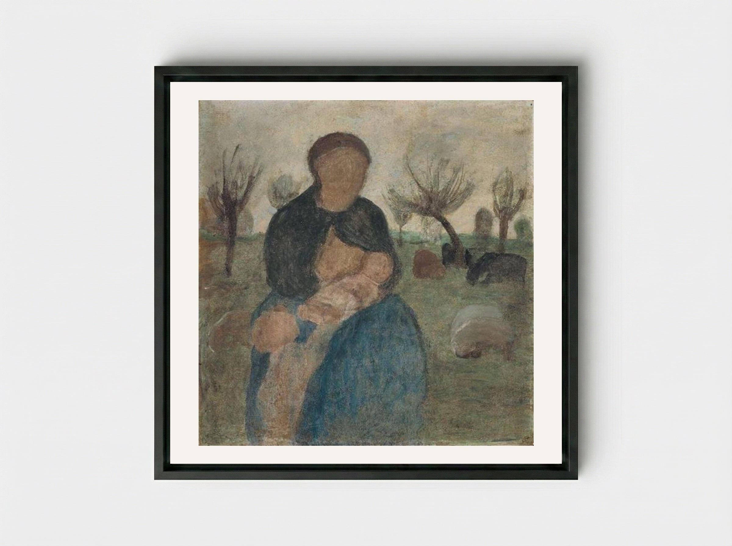 Mother with baby at her breast, and child in landscape - Paula Modersohn-Becker - Framed Canvas Black