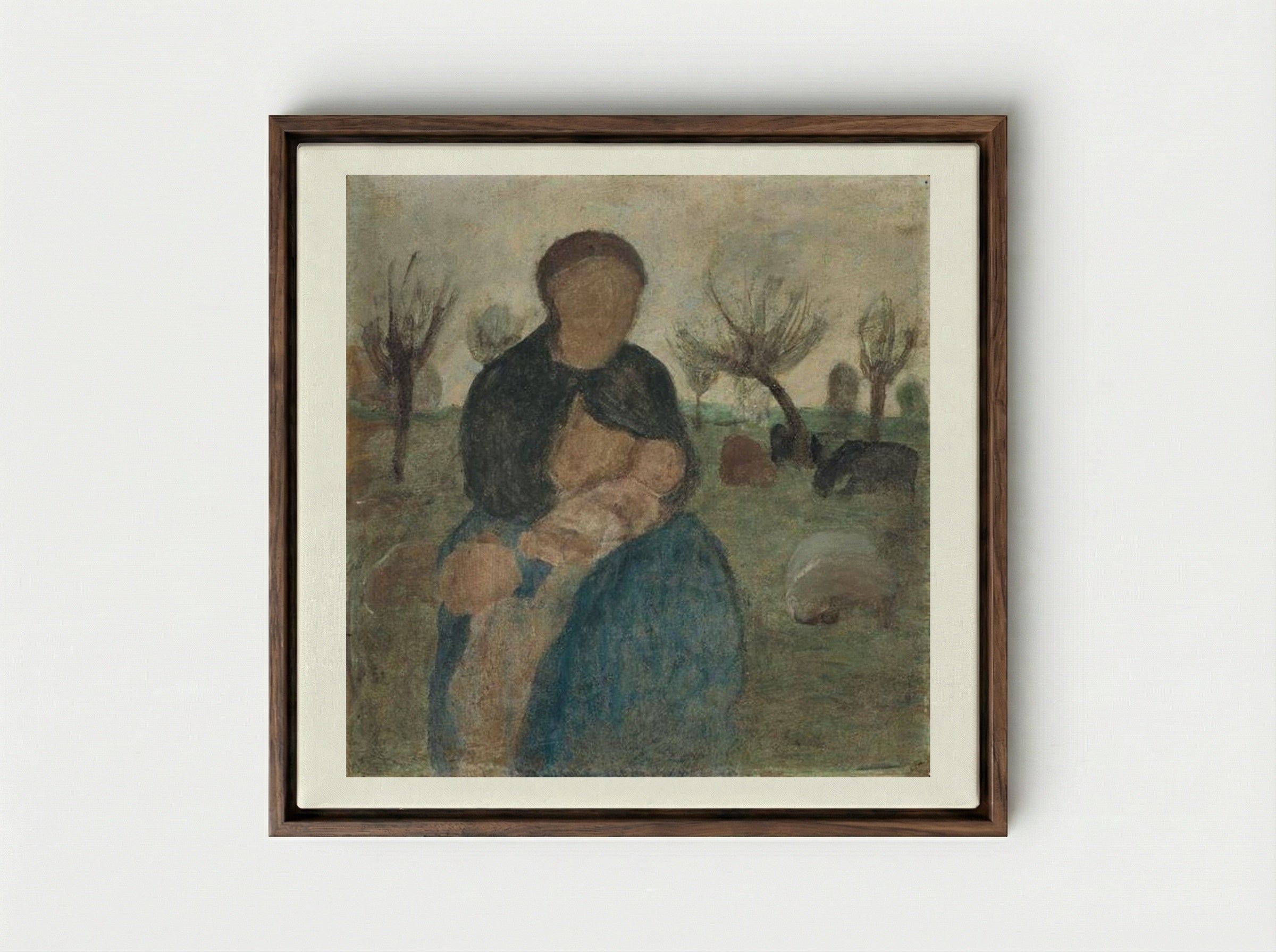Mother with baby at her breast, and child in landscape - Paula Modersohn-Becker - Framed Canvas Dark Wood