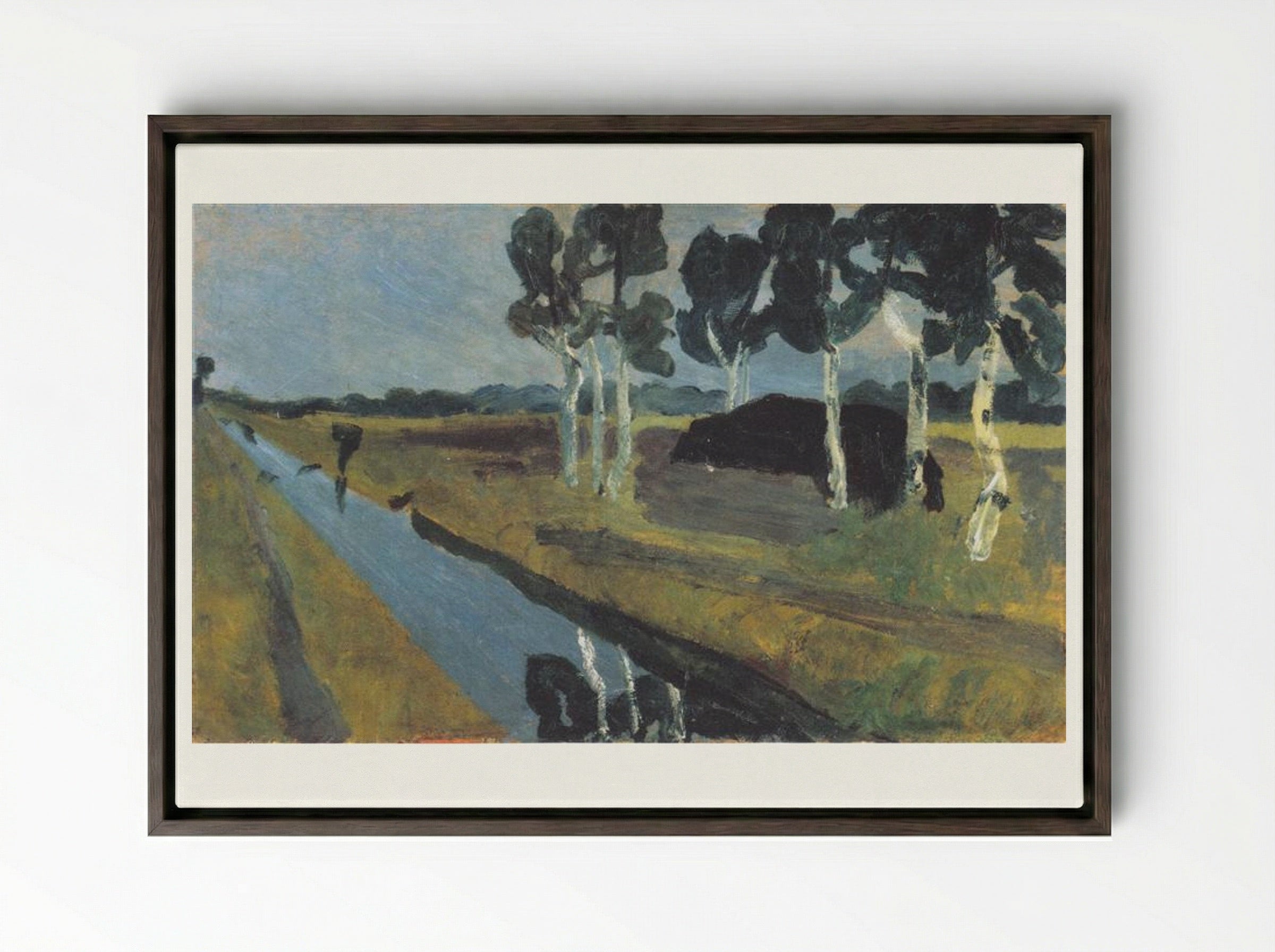 Gray landscape with marsh channel - Paula Modersohn-Becker - Framed Canvas Dark Wood