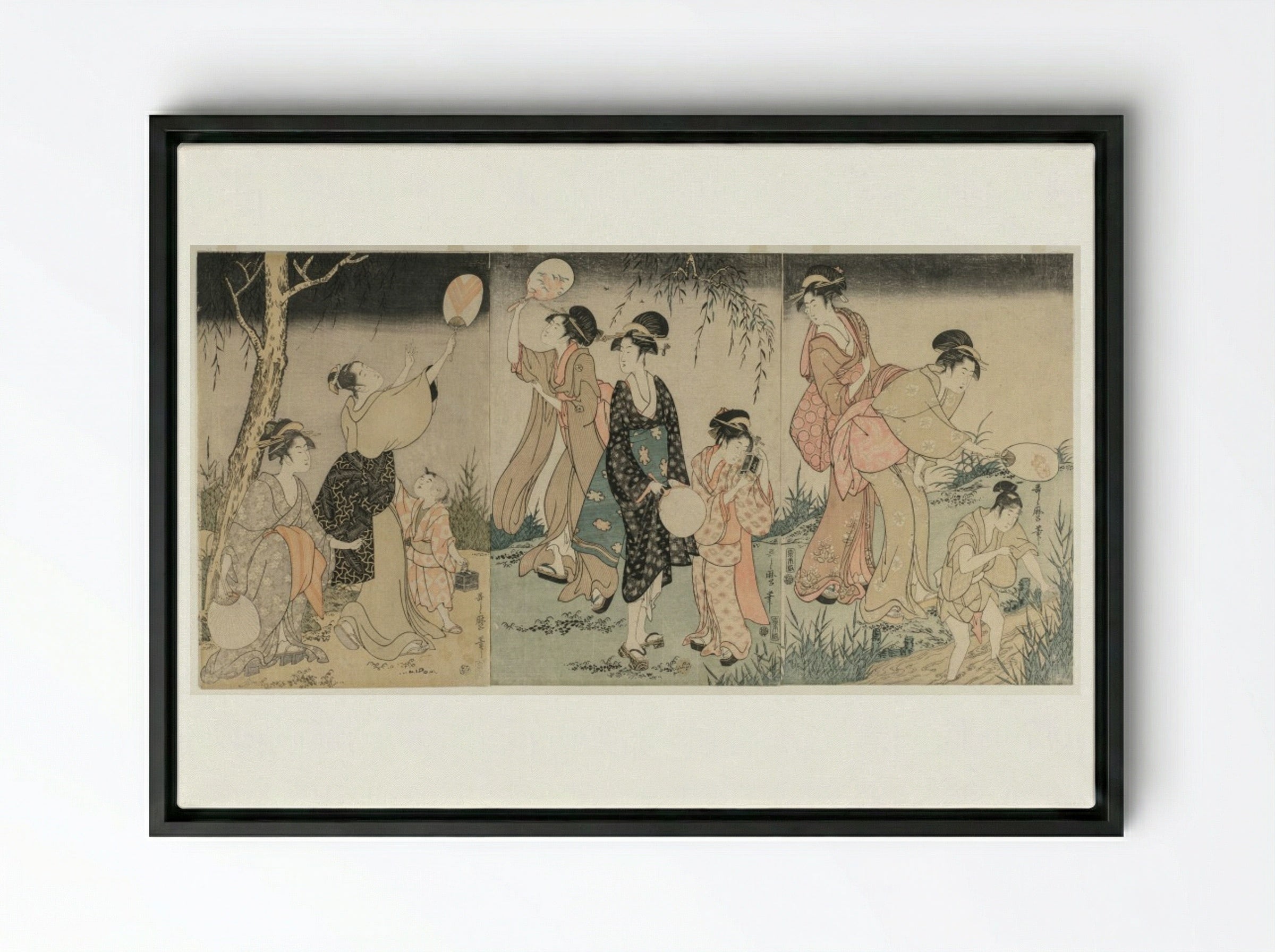 Catching Fireflies - Kitagawa Utamaro - Framed Canvas Black