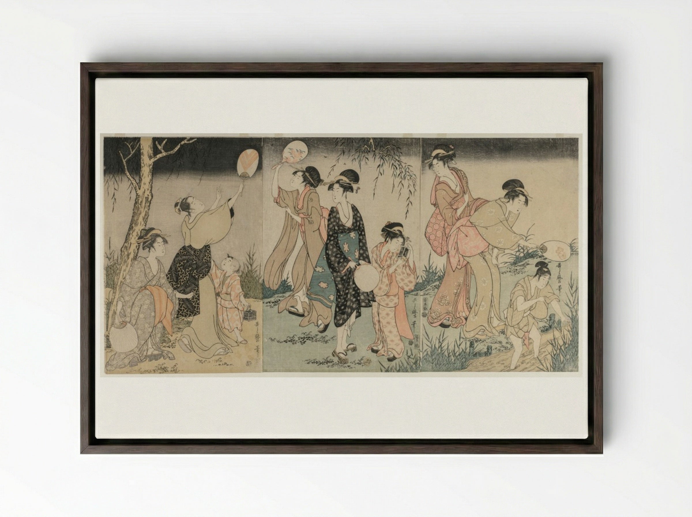 Catching Fireflies - Kitagawa Utamaro - Framed Canvas Dark Wood
