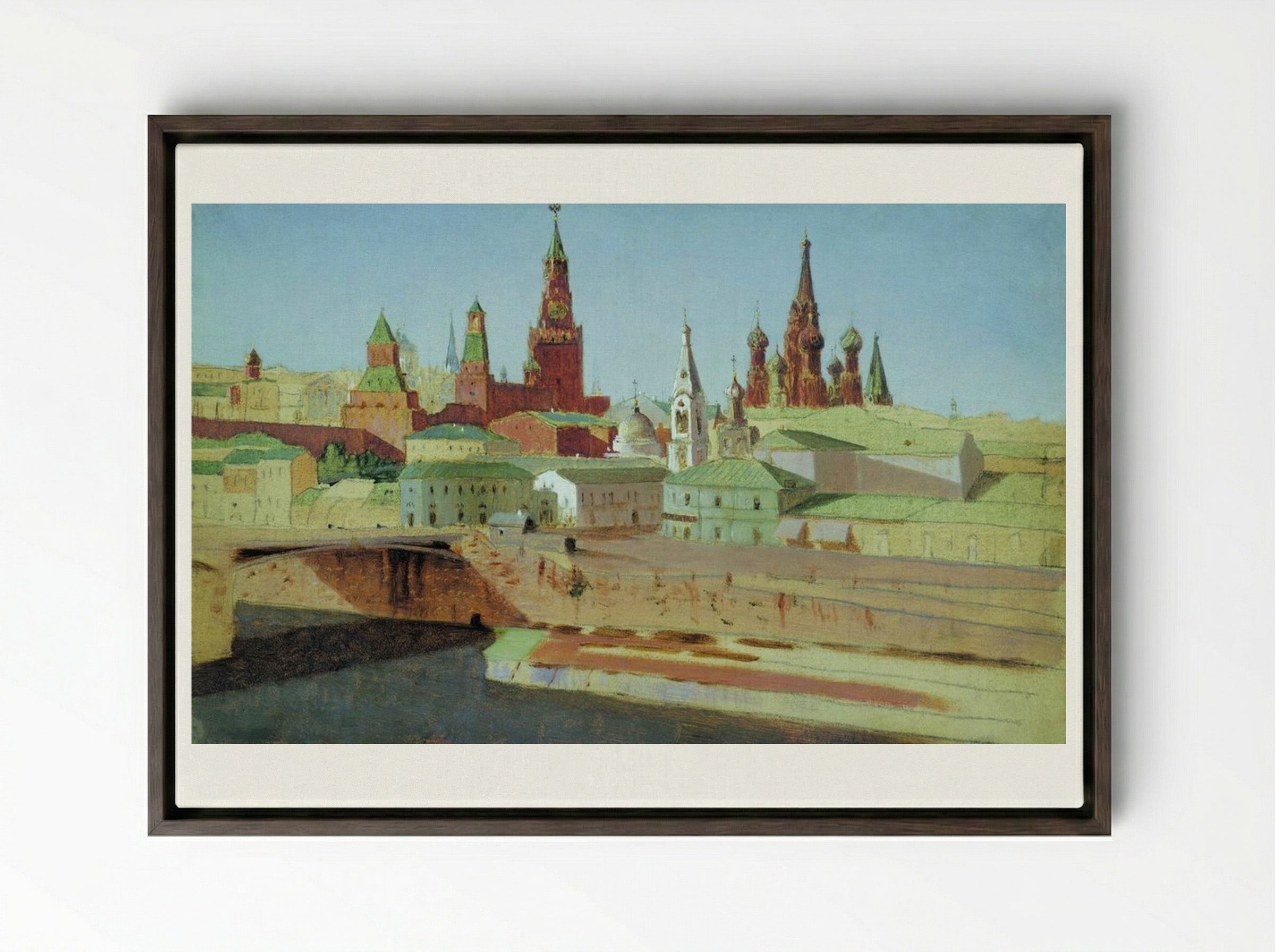View of the Moskvoretsky Bridge, the Kremlin and the Pokrovsky Cathedral - Arkhip Kuindzhi - Framed Canvas Dark Wood