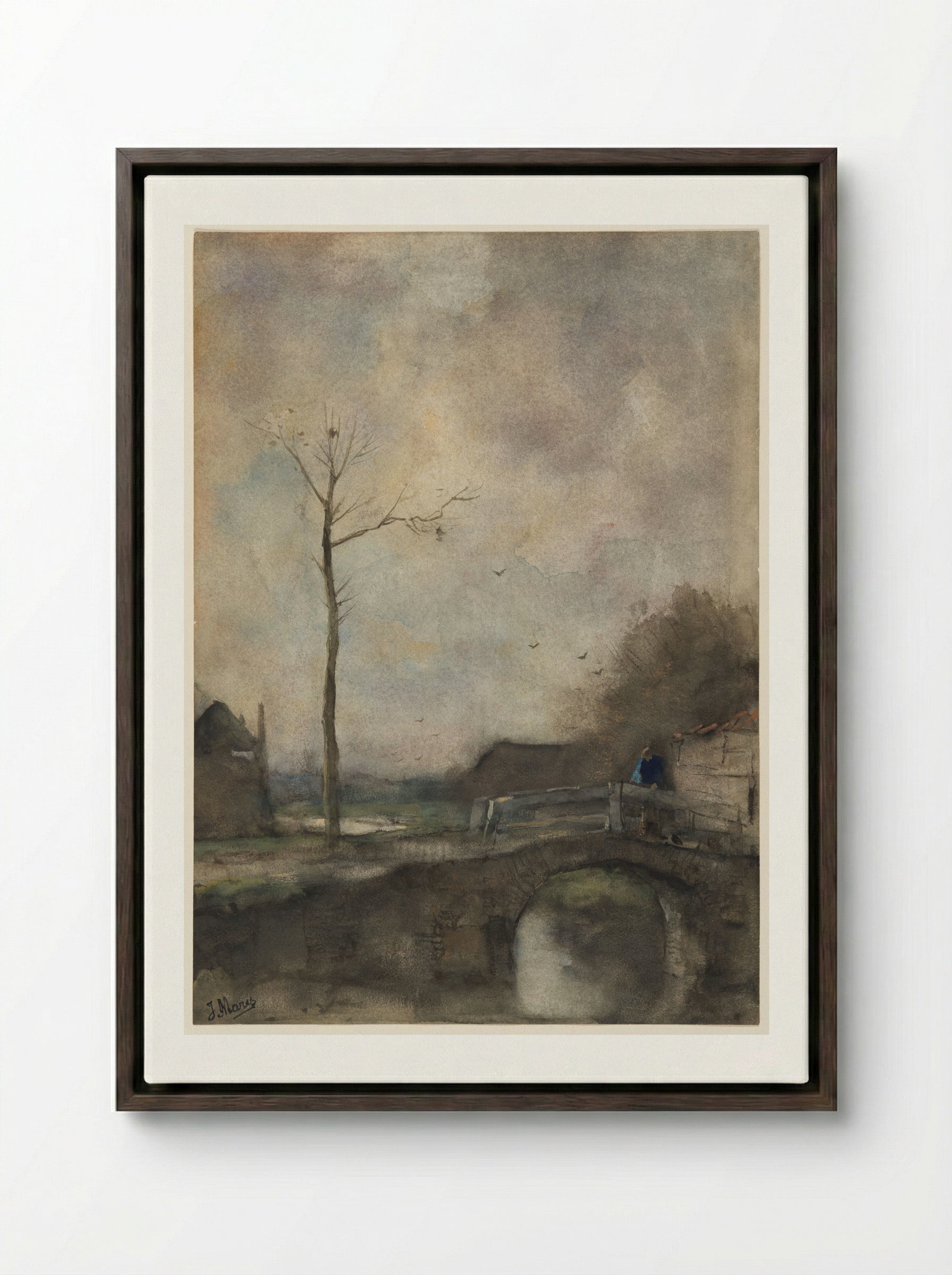 Untitled (Bridge and Bare Tree) - Jacob Maris - Framed Canvas Dark Wood