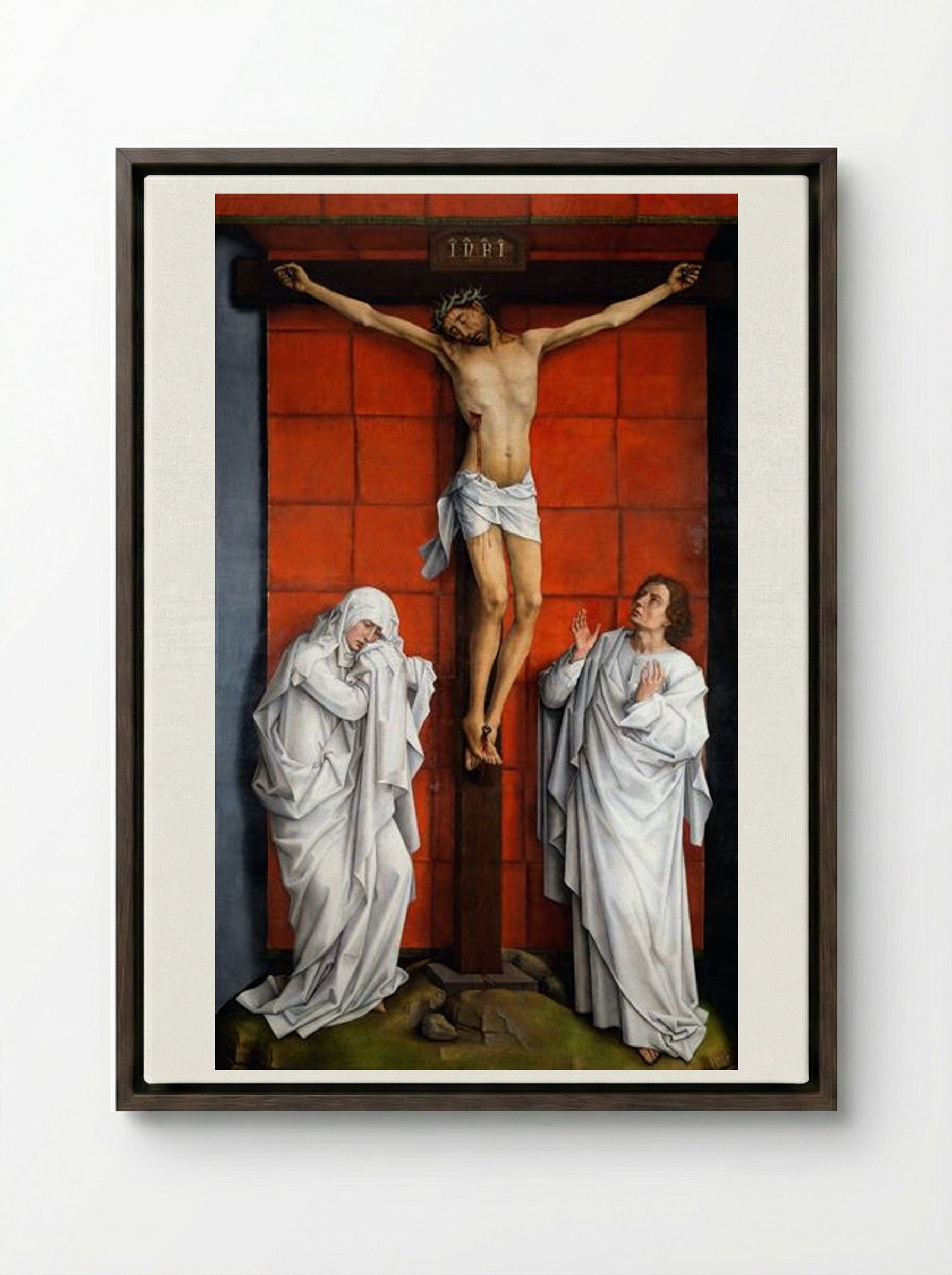 Crucifixion with the Virgin and Saint John the Evangelist - Rogier van der Weyden - Framed Canvas Dark Wood
