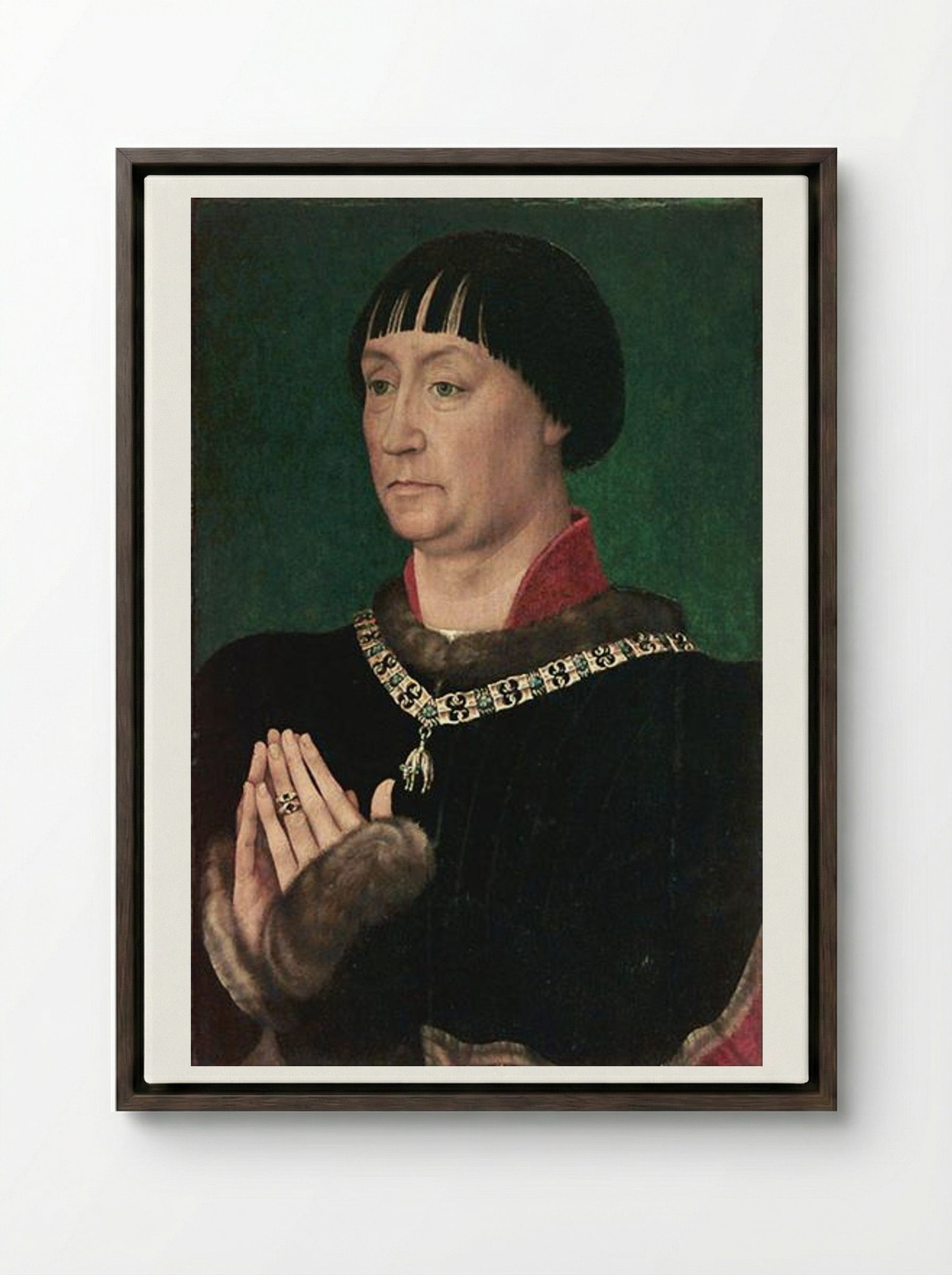 Portrait of Jean le Belliqueux - Rogier van der Weyden - Framed Canvas Dark Wood