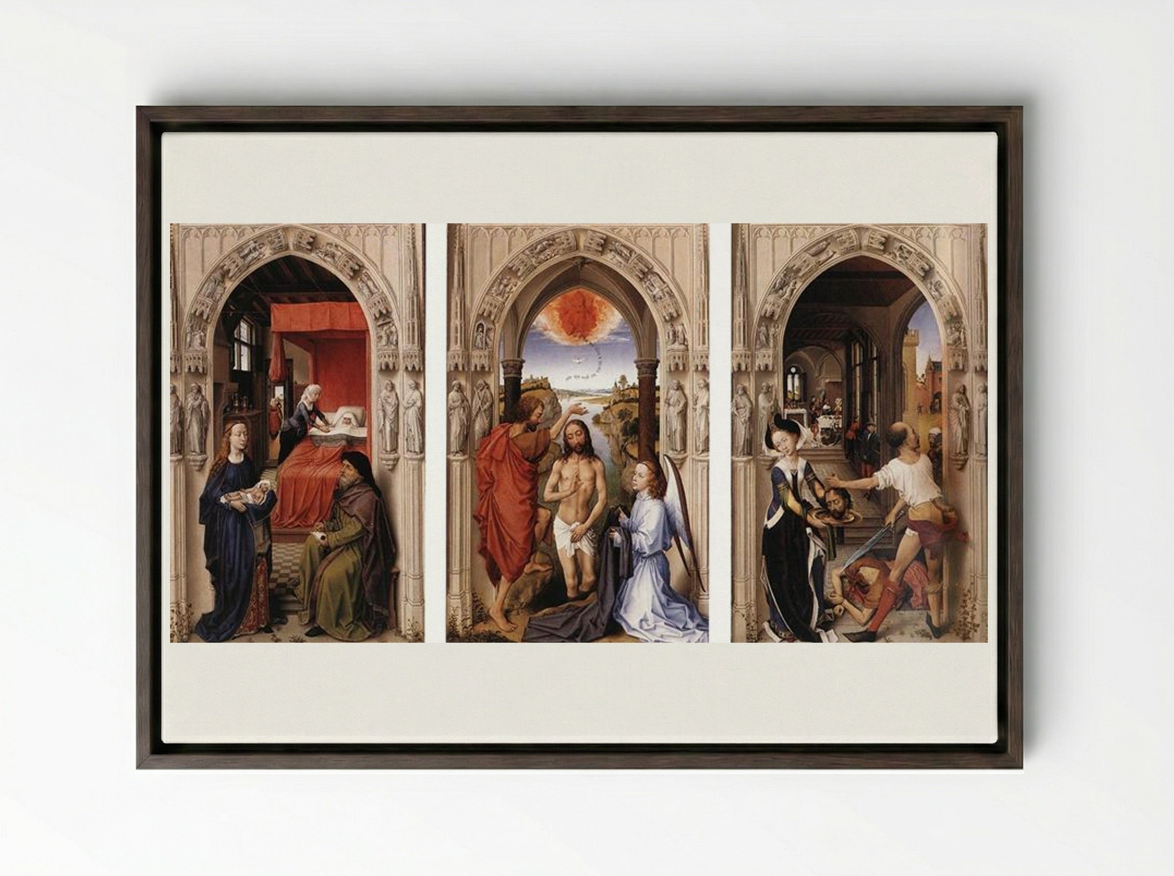 Saint John Altarpiece - Rogier van der Weyden - Framed Canvas Dark Wood