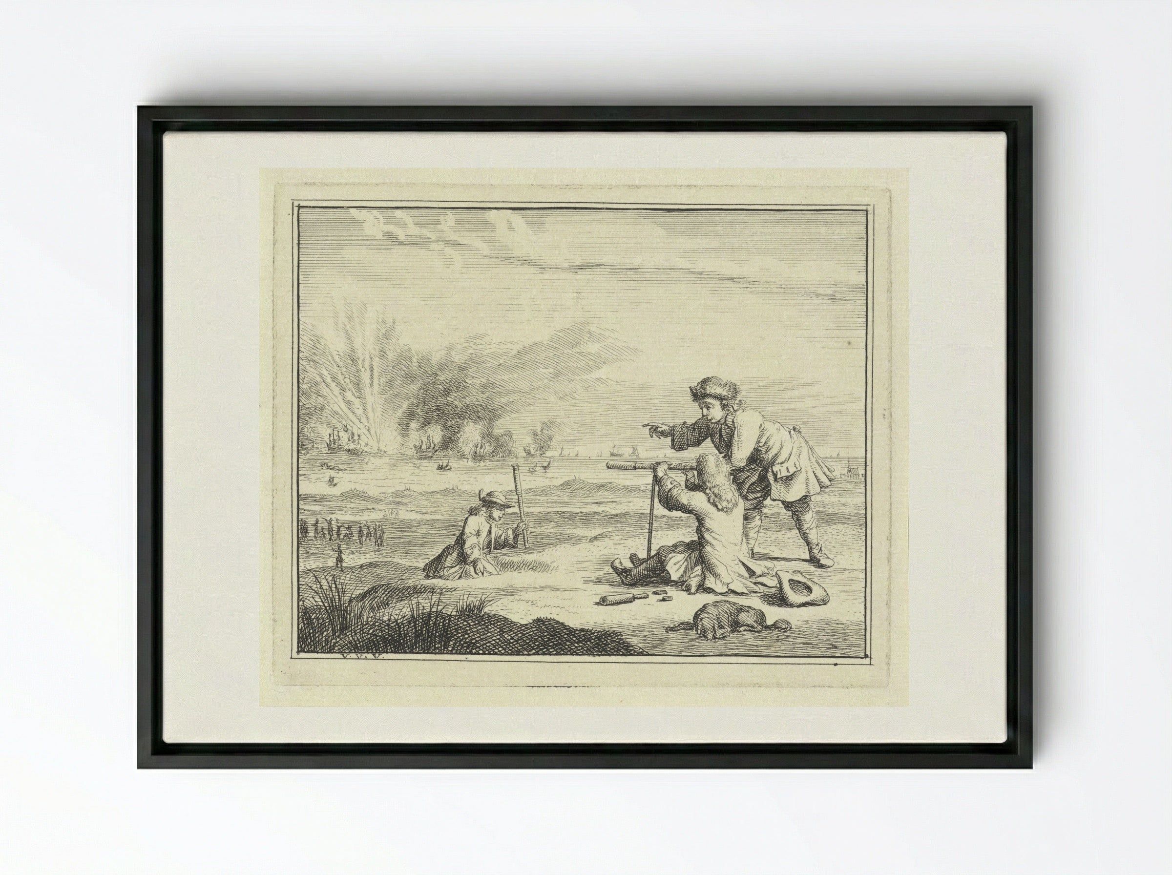 Figuren met een verrekijker slaan een zeeslag gade - Vincent Laurensz. van der Vinne (II) - Framed Canvas Black