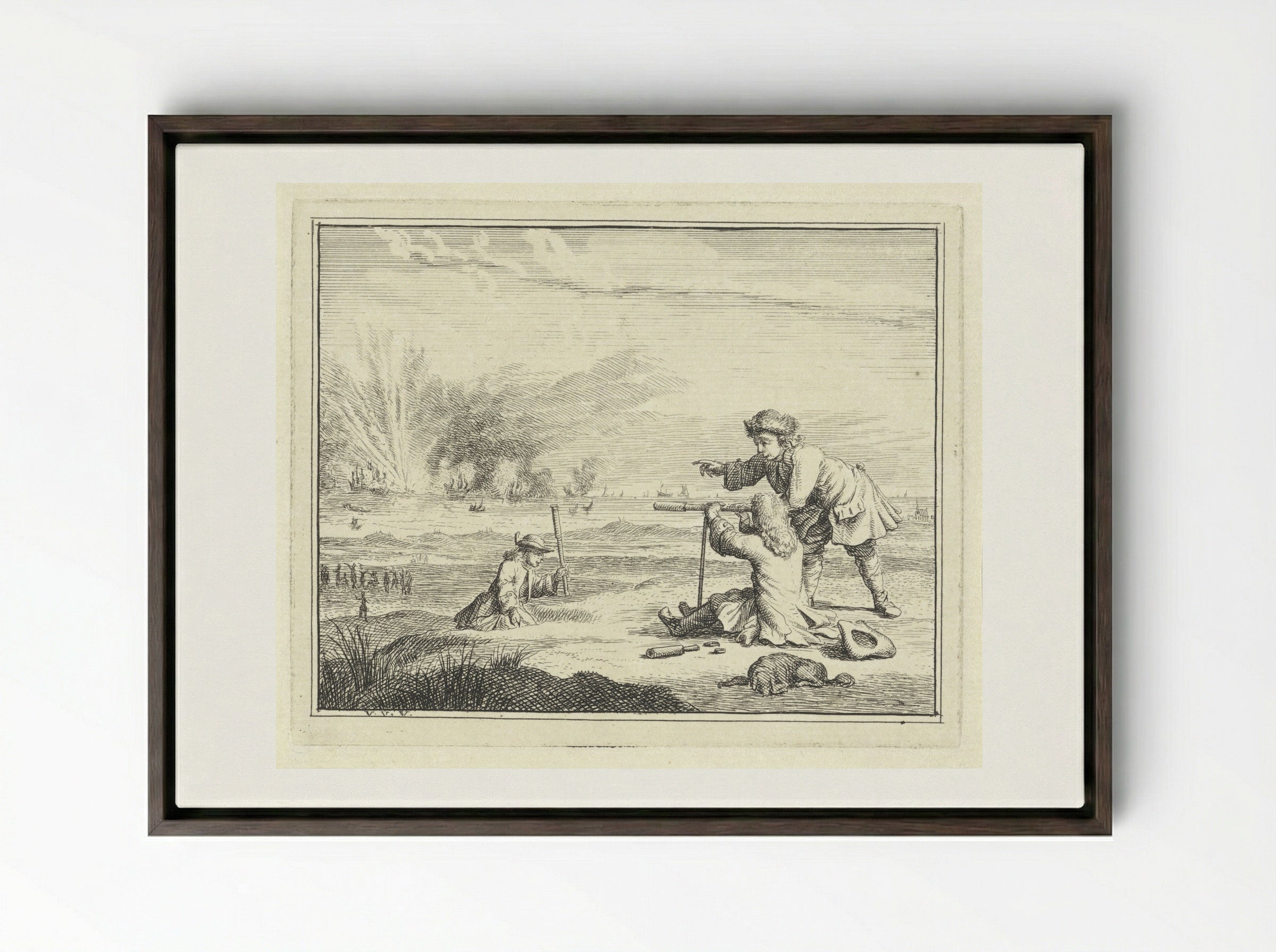 Figuren met een verrekijker slaan een zeeslag gade - Vincent Laurensz. van der Vinne (II) - Framed Canvas Dark Wood