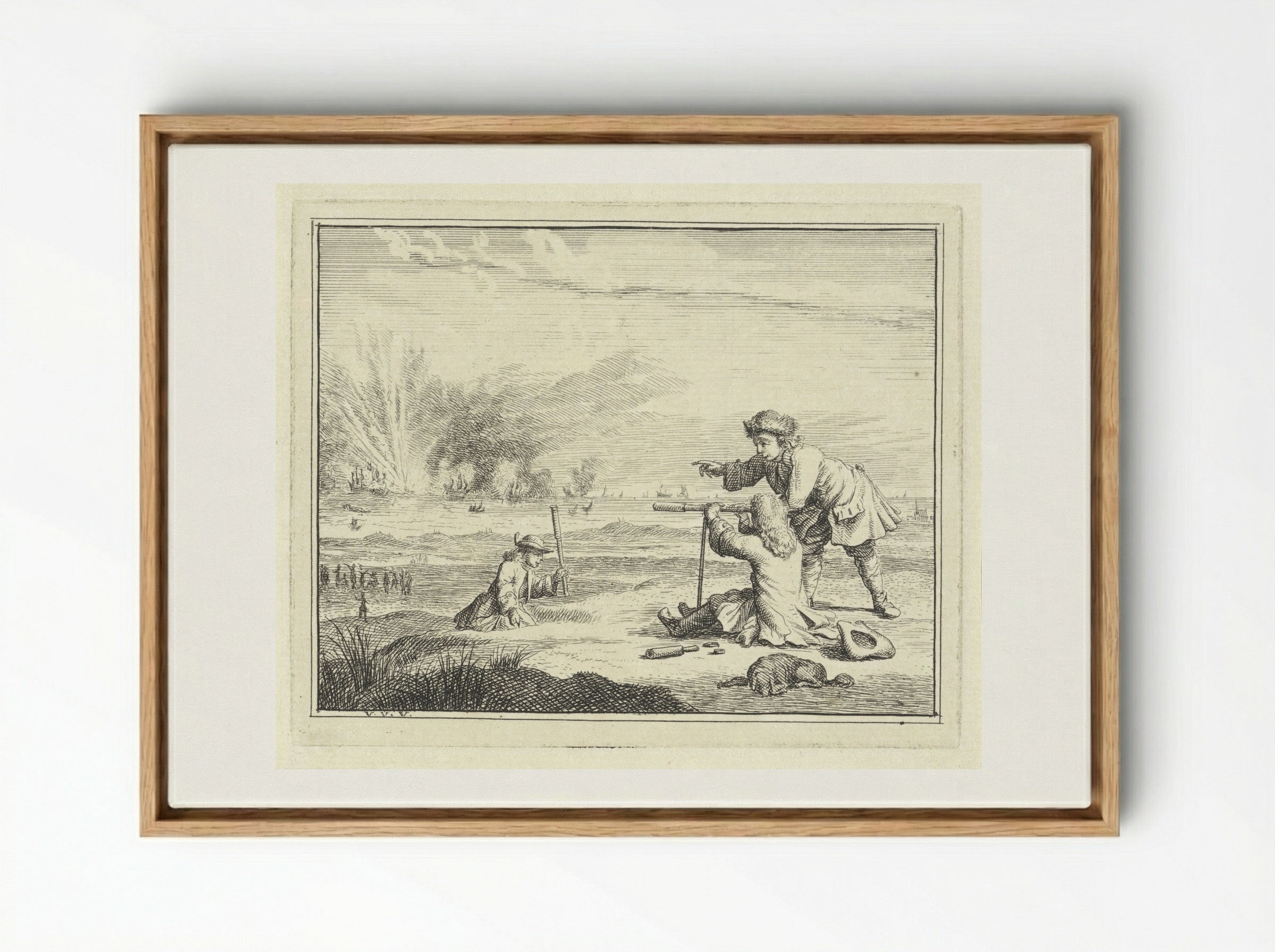 Figuren met een verrekijker slaan een zeeslag gade - Vincent Laurensz. van der Vinne (II) - Framed Canvas Wood