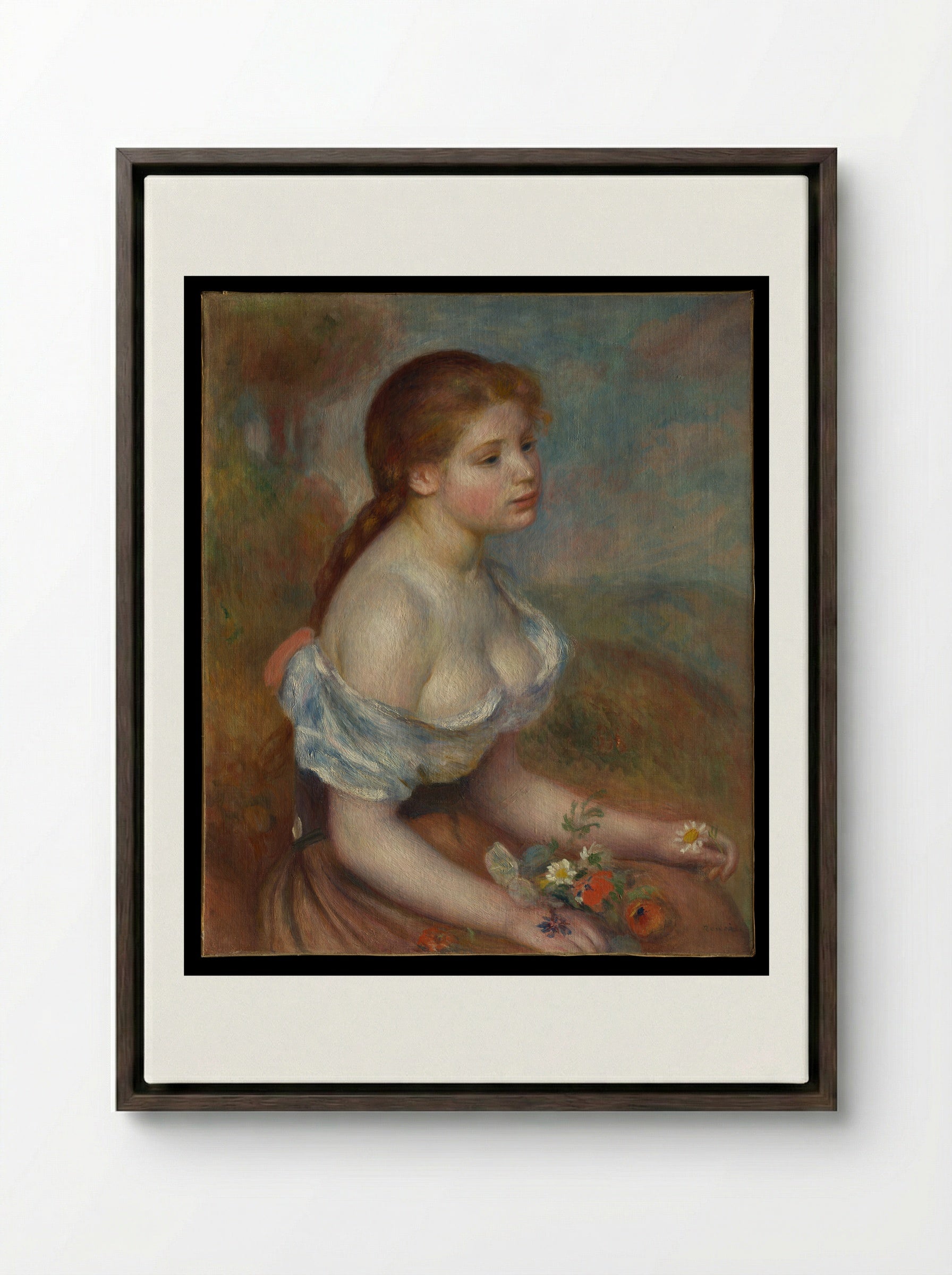 A Young Girl with Daisies - Auguste Renoir - Framed Canvas Dark Wood