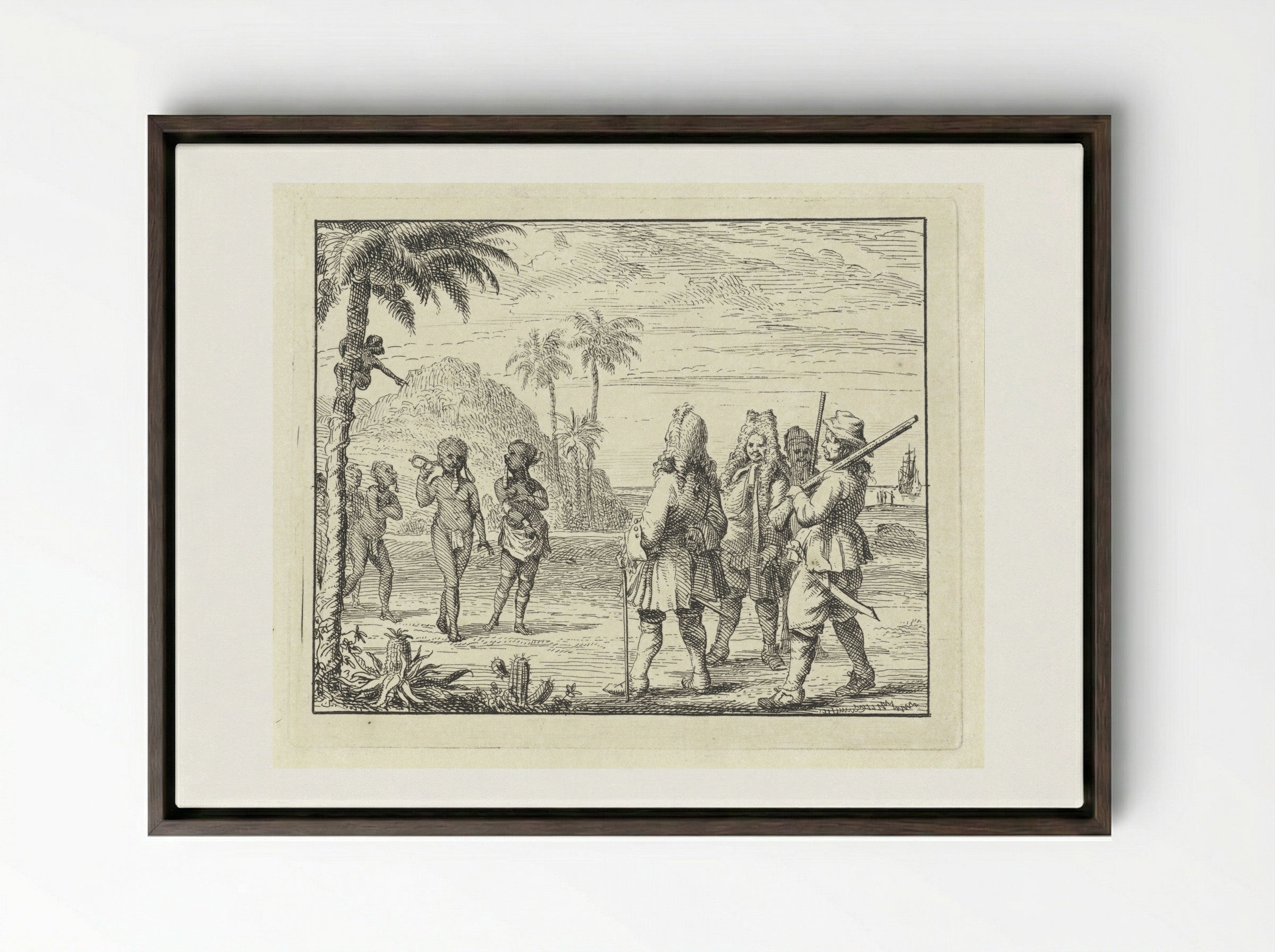 Ontmoeting tussen Afrikanen en Europeanen - Vincent Laurensz. van der Vinne (II) - Framed Canvas Dark Wood