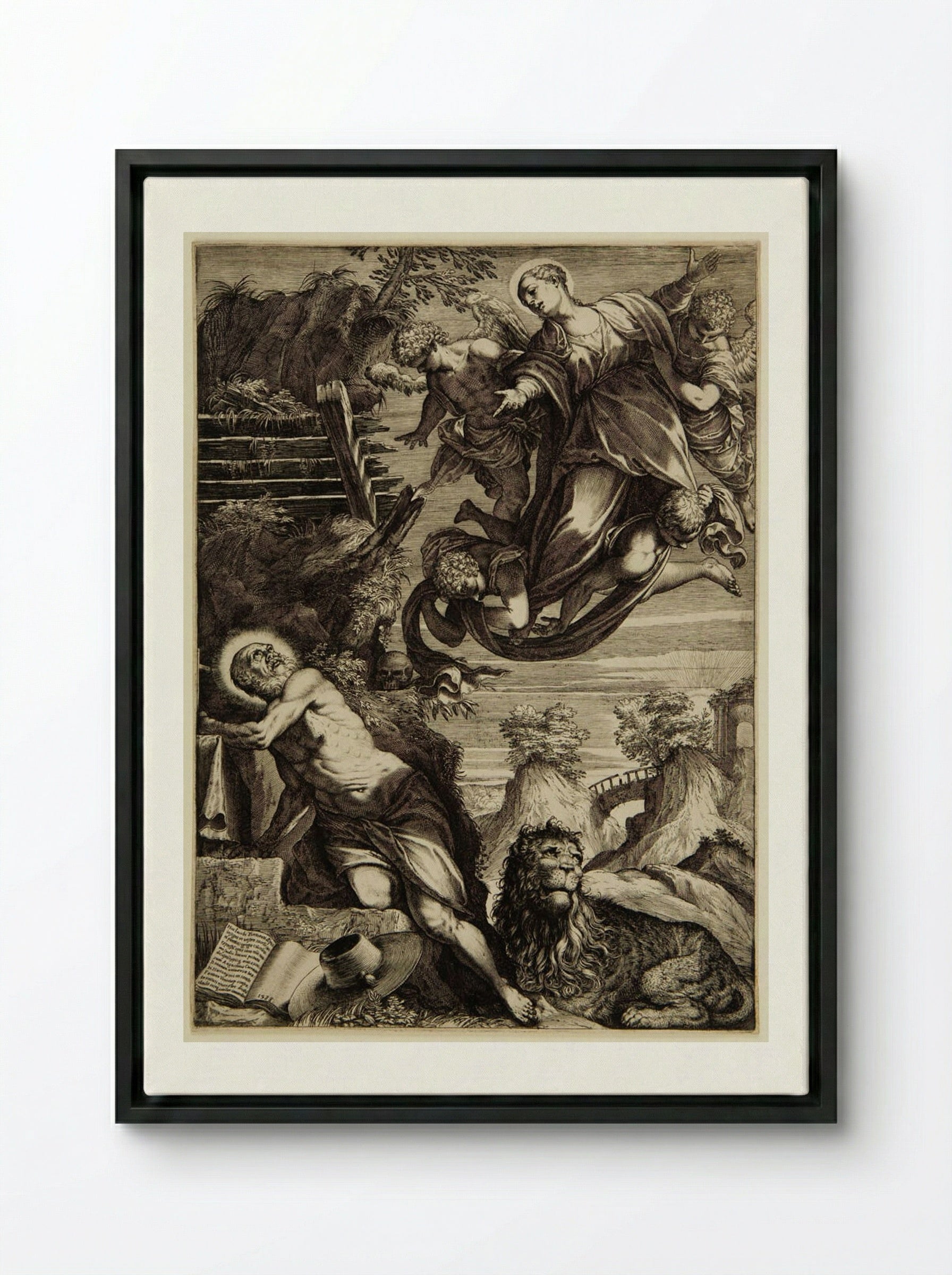 The Virgin Appearing to Saint Jerome - Agostino Carracci - Framed Canvas Black
