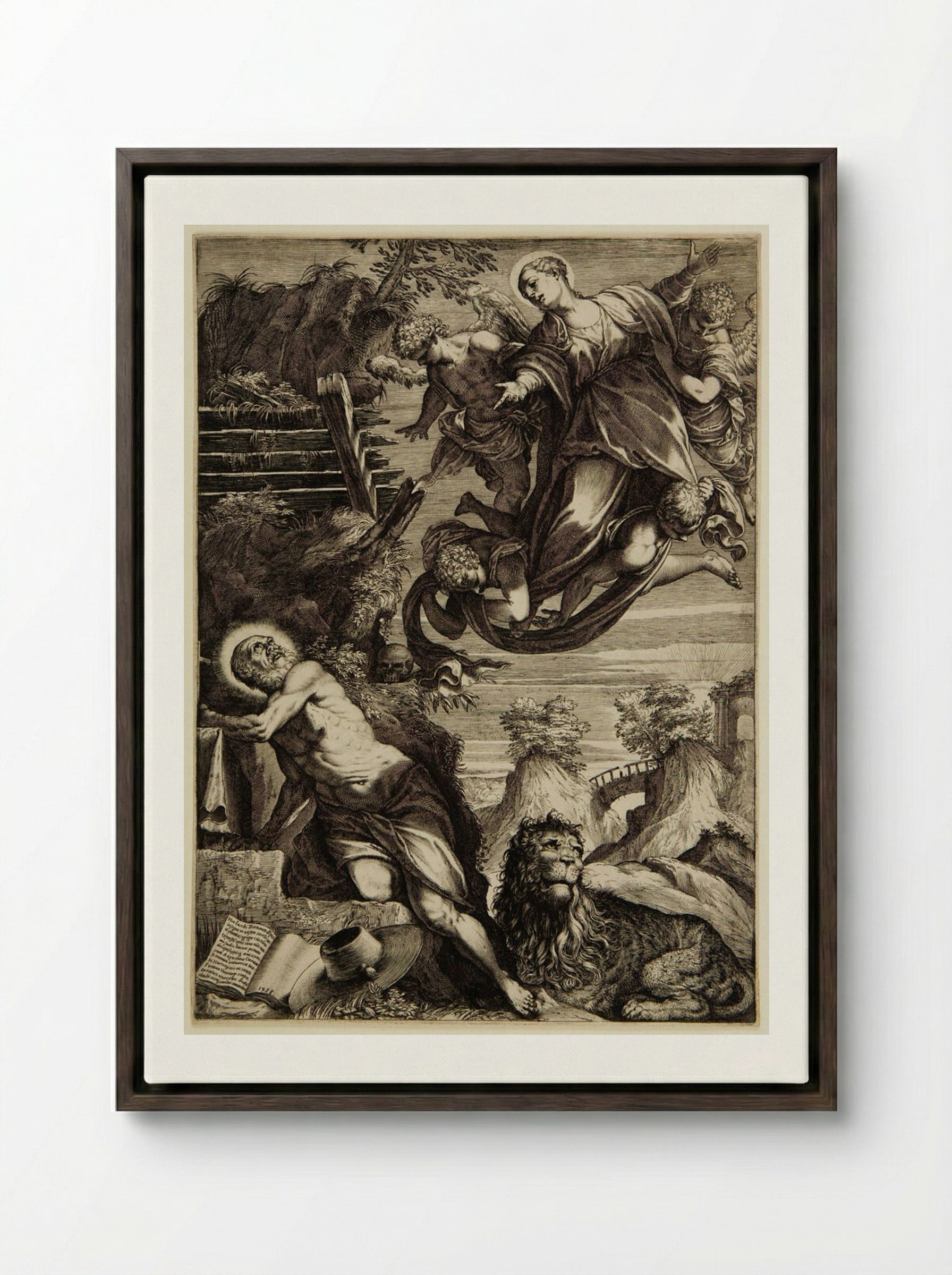 The Virgin Appearing to Saint Jerome - Agostino Carracci - Framed Canvas Dark Wood