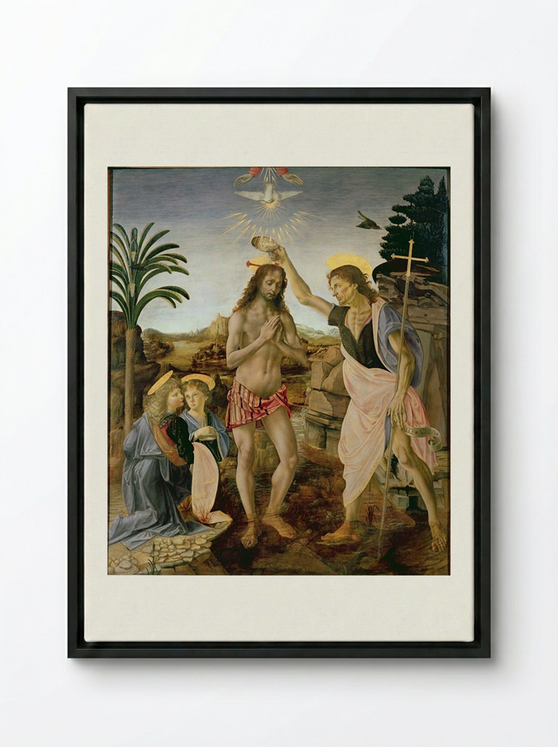 The Baptism of Christ - Andrea del Verrocchio and Leonardo da Vinci - Framed Canvas Black